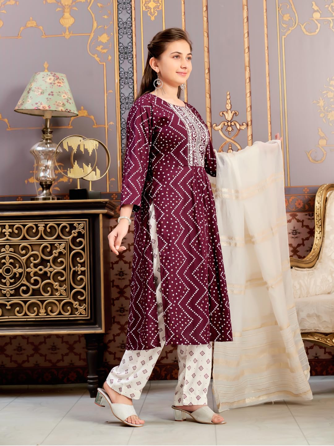 Aarika Girls Ethnic Wear Wine Colour Bandhani Print Embroidey Rayon Kurti-8-15 Years (Kurti-Tr-242)