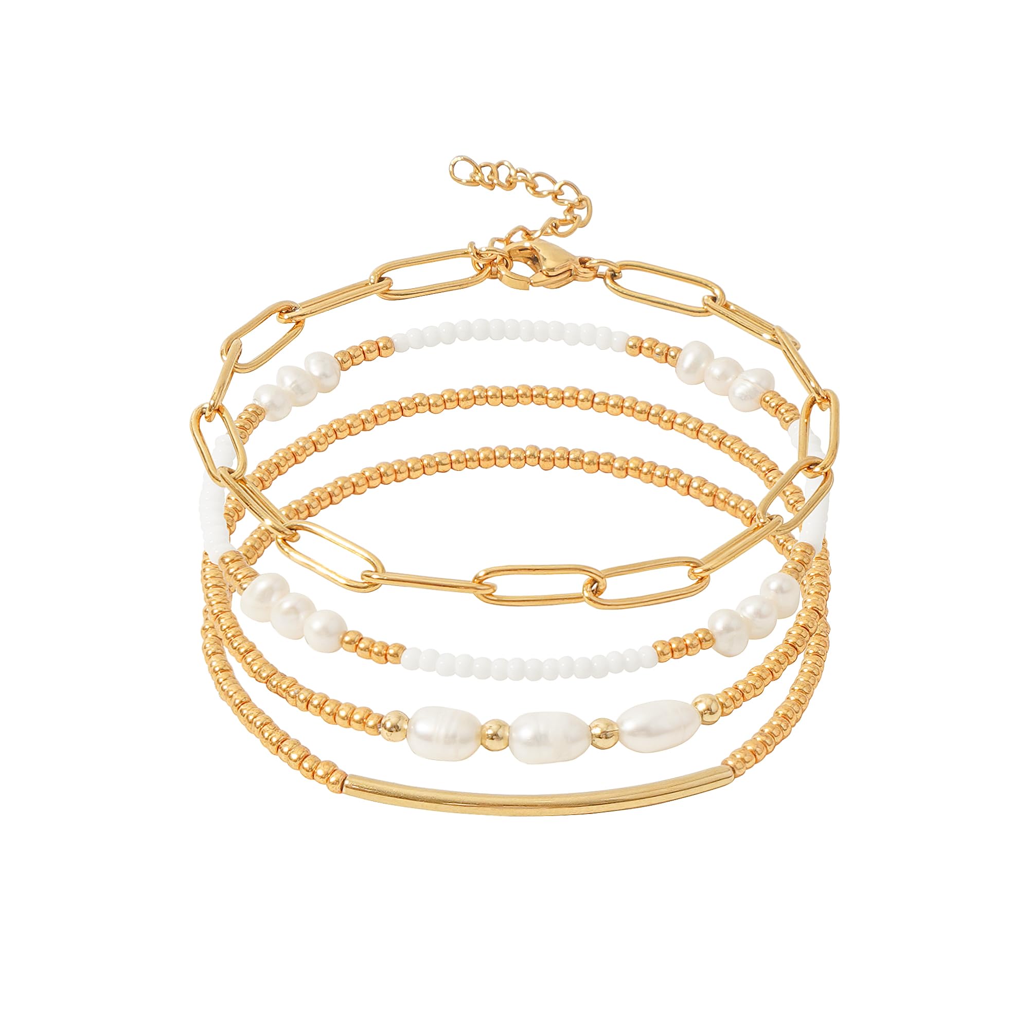 DiSiTino Gold Plated Beaded Bracelets for Women Stackable Set, Elegant Delicate Paperclip Link Stretch Chain Summer Bracelet Dainty Trendy Pearl