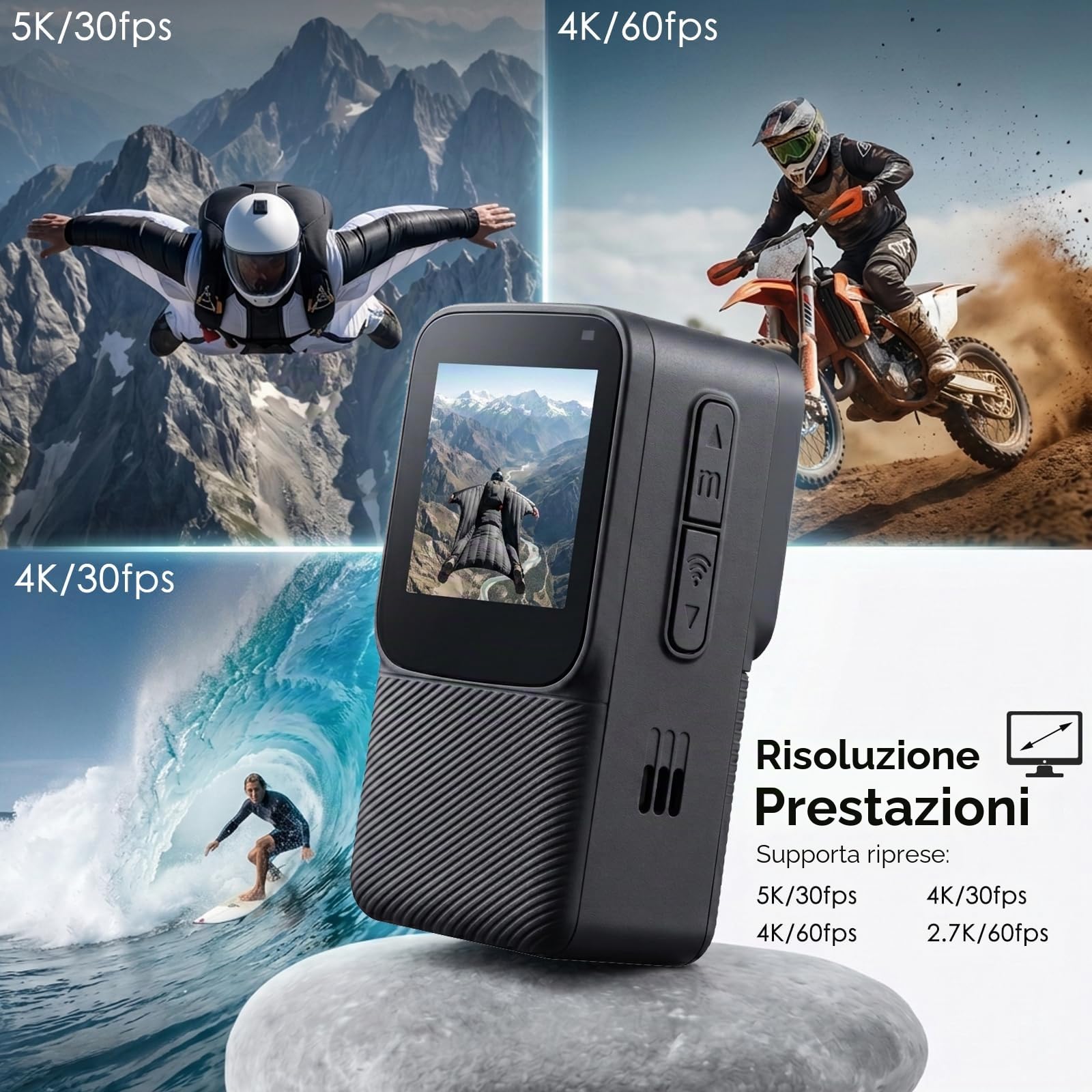 ydi Action Cam Impermeabile 5K/30fps, Videocamera Portatile per Vlog, Fotocamera Subacquea da Pollice con EIS, Wi-Fi, Touchscreen, Kit di Accessori, Scheda da 64GB