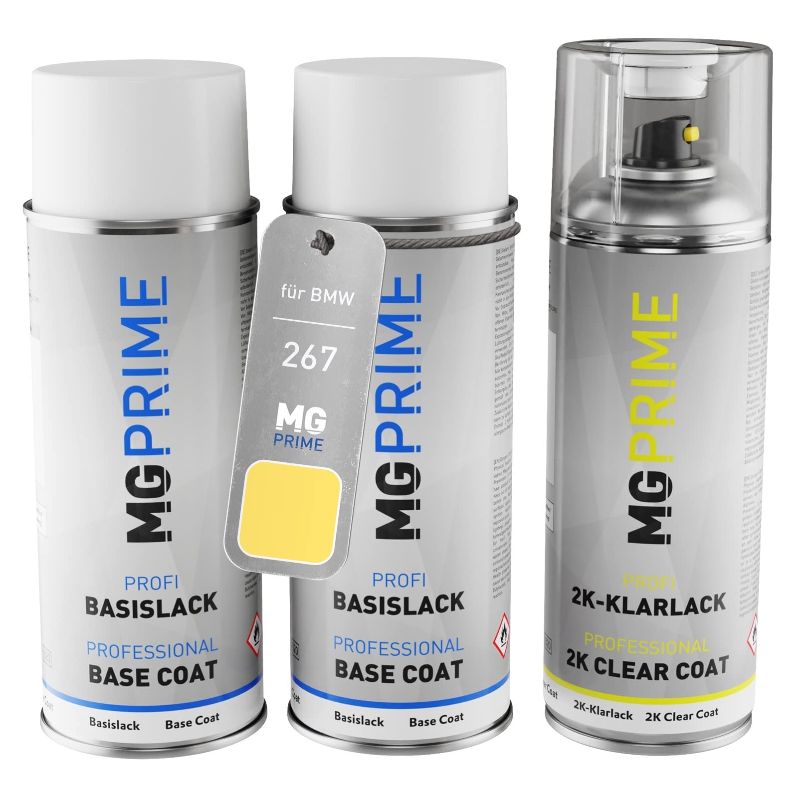 MG PRIME Autolack Set Spraydosen für BMW 267 Dakargelb/Dakar Yellow +2K | Set aus Grundlack + Basislack + 2K Klarlack, Sprühdosen 400ml