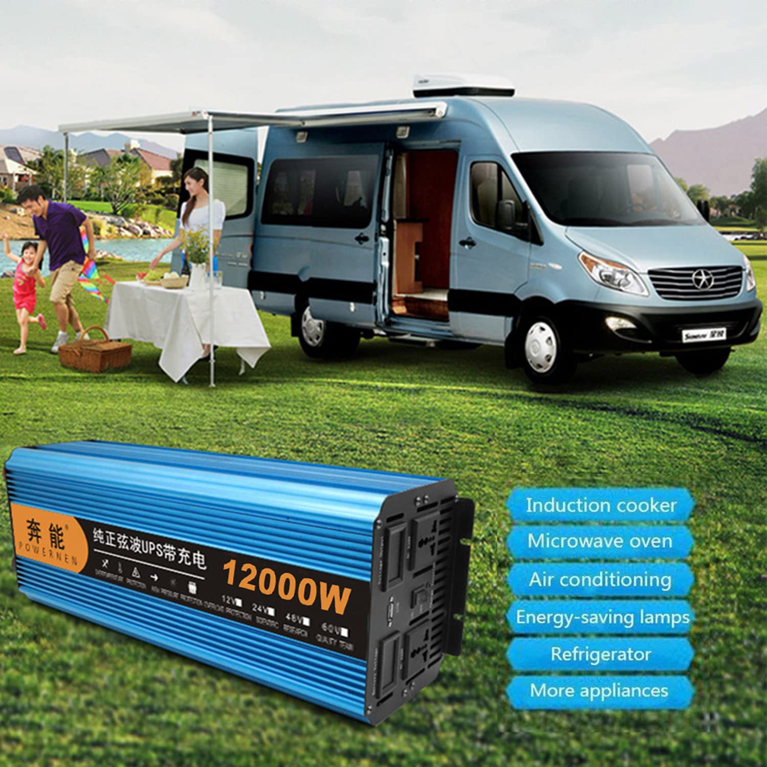 3000W 4500W 6000W 8000W 12000W Inwerter mocy czystej fali sinusoidalnej Przetwornica DC 12V/24V na AC 220V / 230V z wyświetlaczem LCD Gniazda AC Port USB i pilot Inwerter off-Grid,12000W-12V