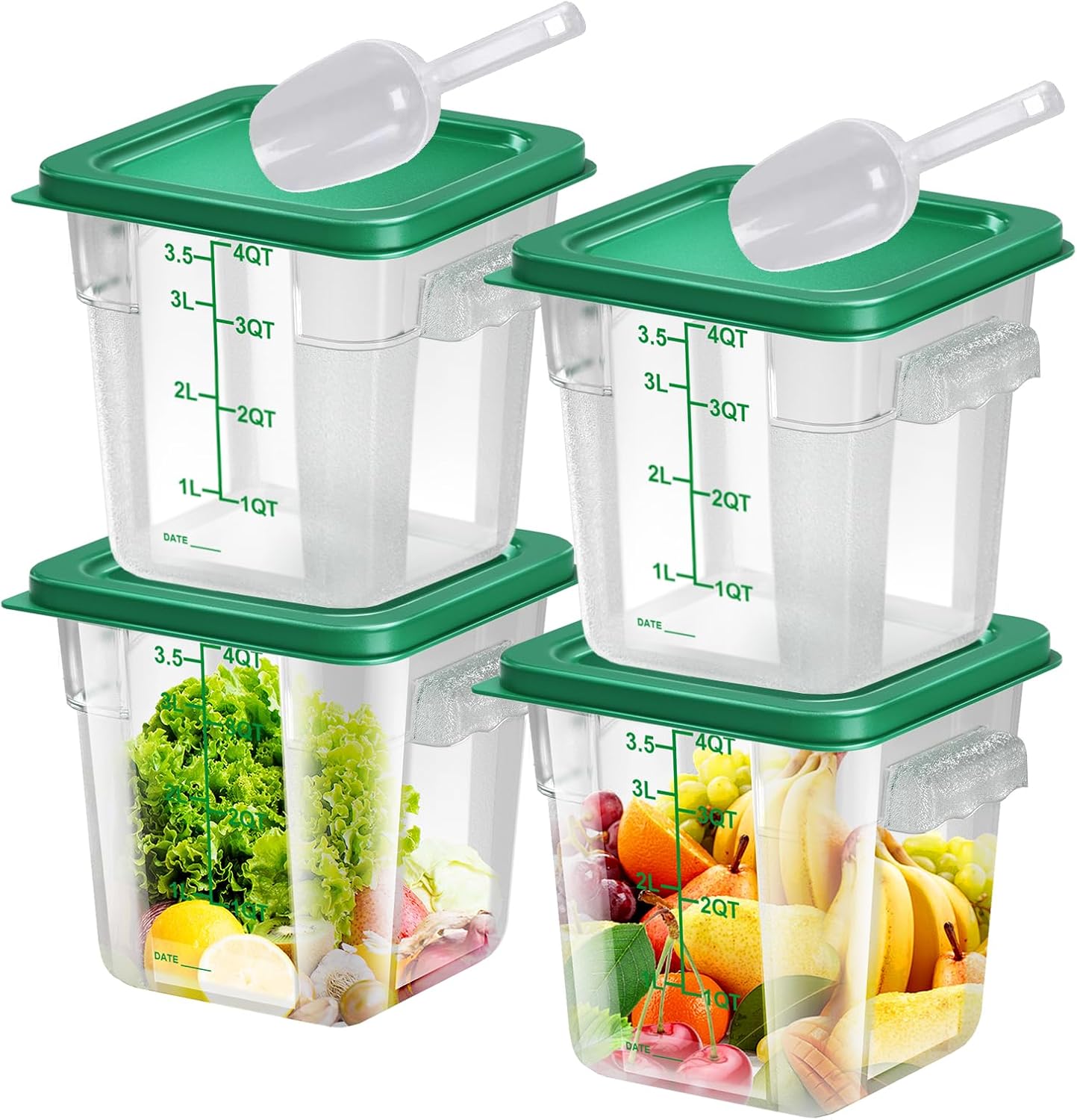 4 pcs 4qt Food Storage Containers with Lid, Square Clear Commercial Food Storage Containers with Handle and Scale for Food Storage in Home Kitchen & Dining (Green) 4QT-4PCS-GREEN