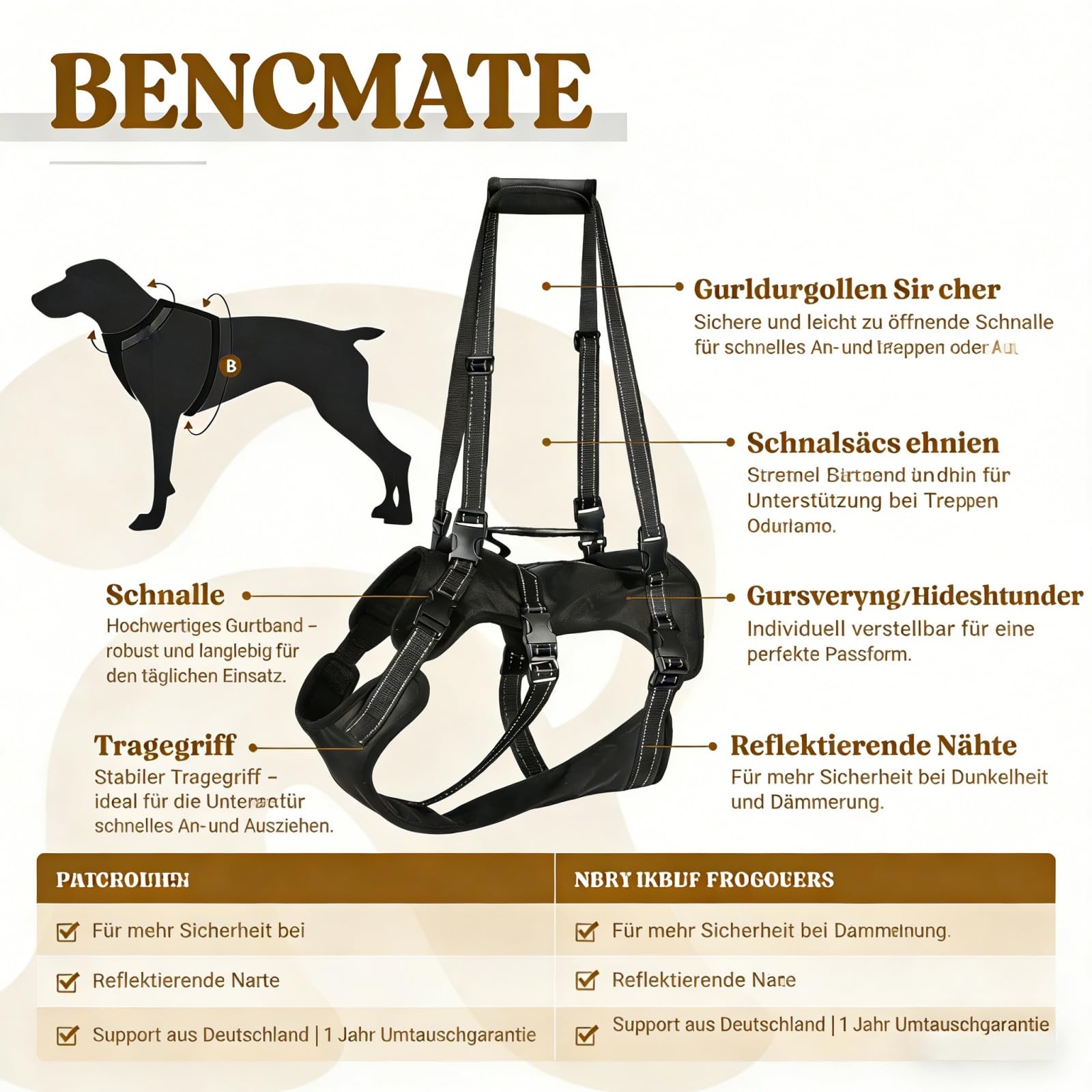 BENCMATE Arnés de elevación para perro, correa de recuperación ajustable con tiras reflectantes cosidas, chaleco de rehabilitación para perros, chaleco transpirable para ancianos, discapacitados,