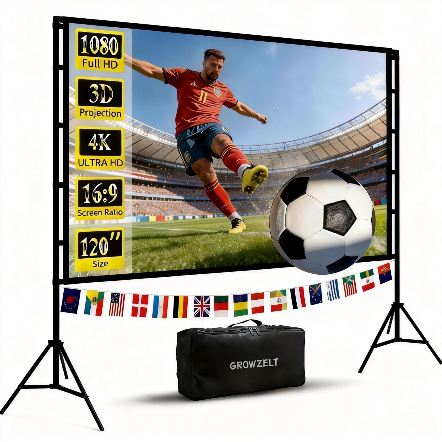 Leinwand Beamer mit Ständer 120 Zoll, Doppelstützen für mehr Stabilität, Schnell & Einfach Aufgebaut, Tragbar, Knitterarm, Beamer Leinwand für Outdoor und Garten, Growzelt