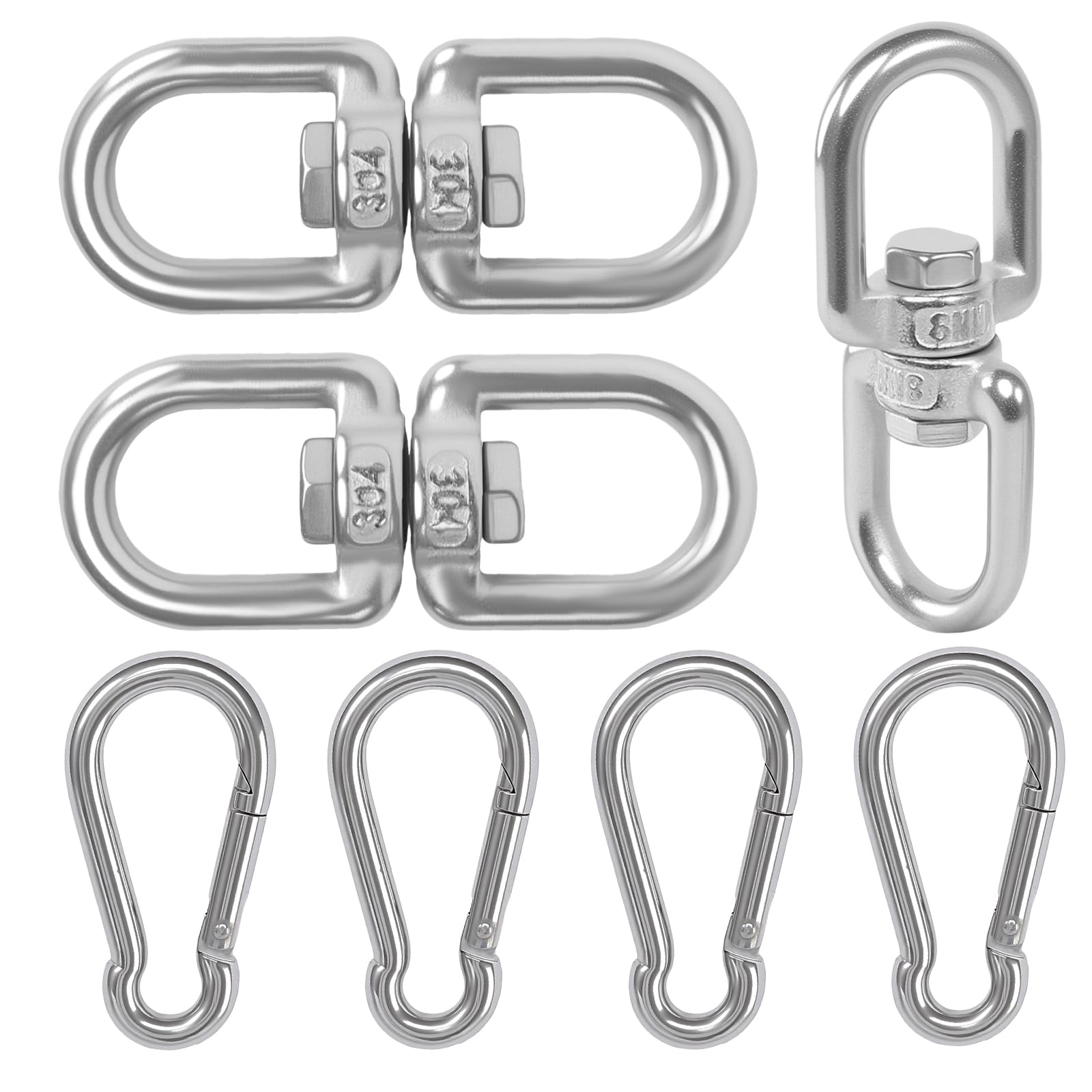 HFDONGL 2 Unidades Giratorio M8 con 4 mosquetones grandes 304 Acero Inoxidable Mosquetón giratorio Giratorio Suspensión Silla colgante para silla colgante Saco de boxeo Giratorio Barbacoa de árboles