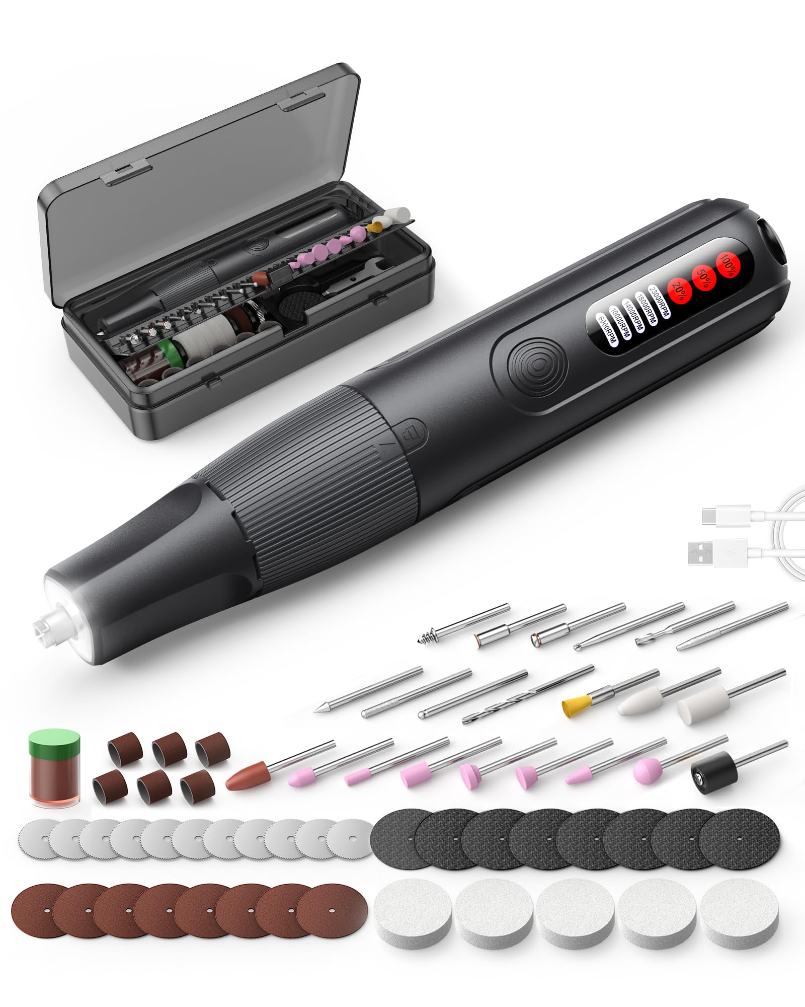 Herramienta giratoria inalámbrica multiherramienta de 8 V con portabrocas de bloqueo automático y 5 velocidades, 23.000 rpm, juego de grabado recargable con 62 accesorios para lijar, pulir, taladrar