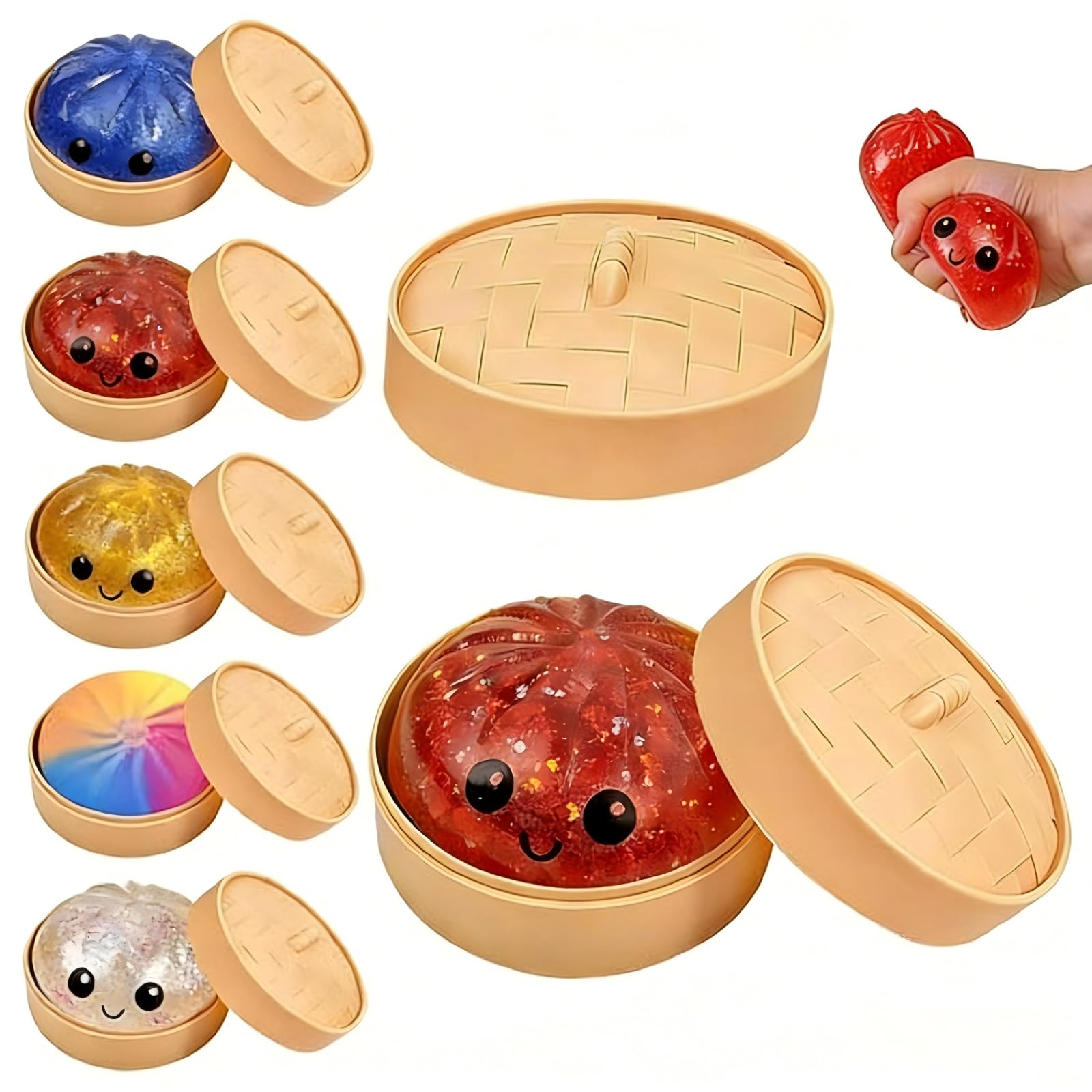 JOJOHOMY Dumpling Squishies, Glitter Dumpling Toy, Colorful Dumplings Stress Relife Toy, Stuffers with Food Steamer Desk Toys (Red) â image 1