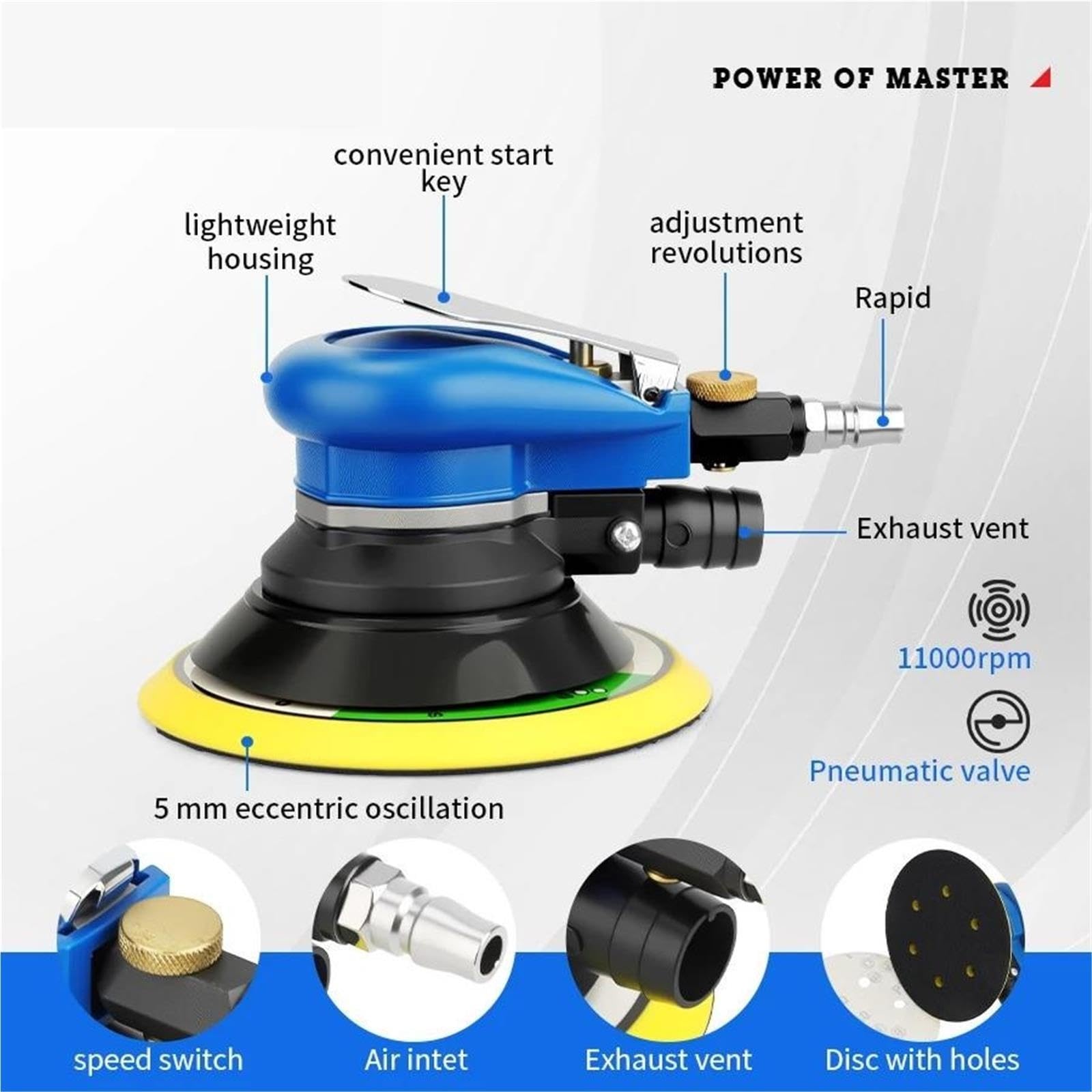 Máquina de lijado neumática, modelo recolección polvo lijadora pista aire azul 5 pulgadas y 150 mm para pulido encerado madera metal automóvil Industrial, Taller