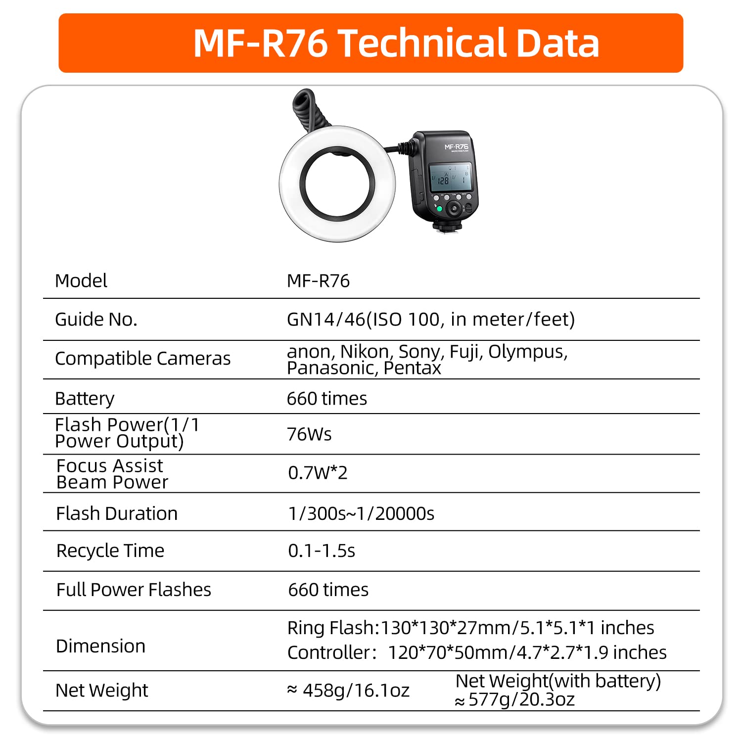 GODOX MF-R76 Flash Anello Macro 76 Ws 7,2 V / 2600 mAh Batteria Ricaricabile 660 Flash Piena Potenza 0,1-1,5 s Tempo Riciclaggio, Adatto per Fotocamere Canon Nikon Sony Fuji Olympus Panasonic Pentax