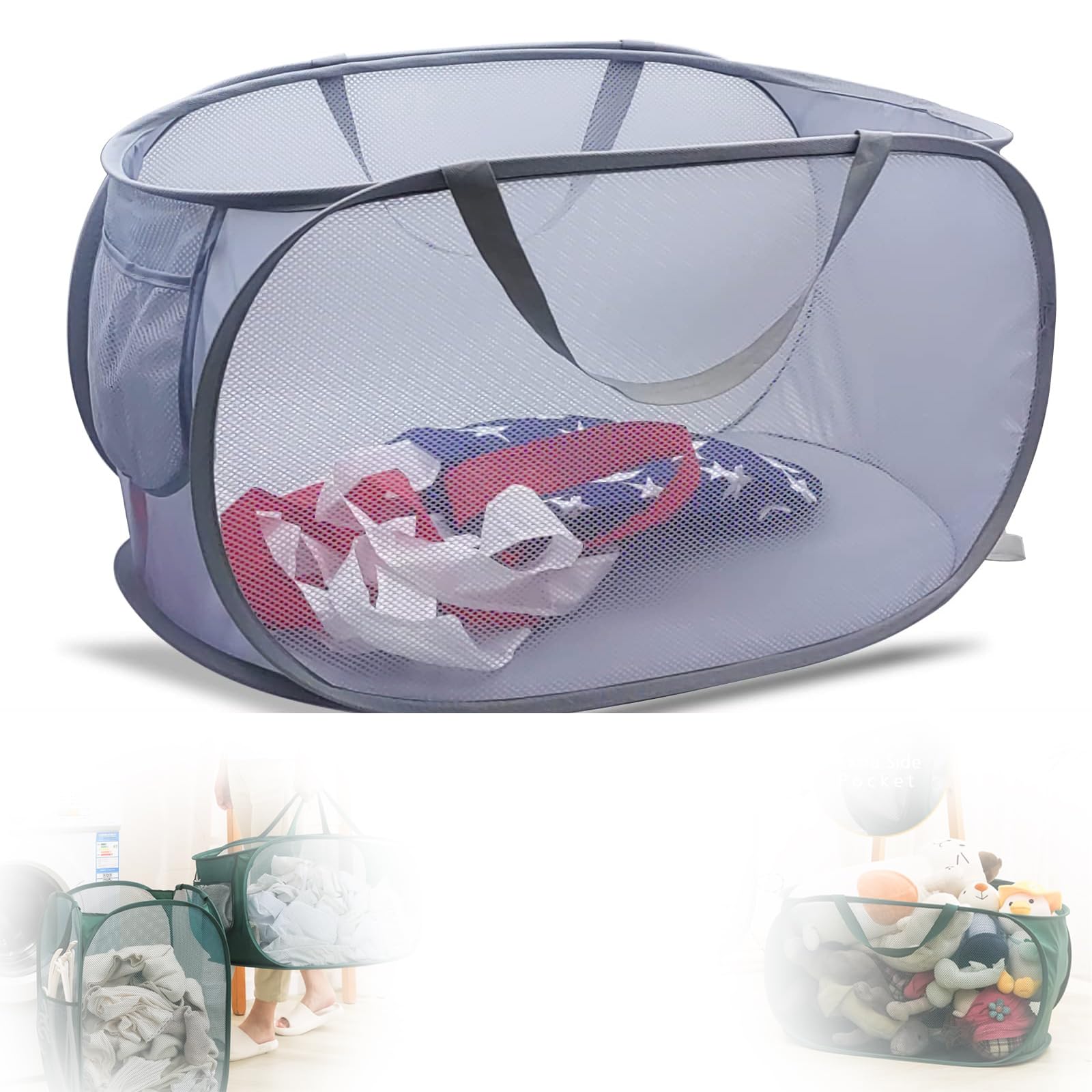 NALACAL Mesh Pop-up Laundry Hamper, Collapsible Laundry Basket, Sturdy Mesh Laundry Hamper Basket Bag, Pop up Basket with Side Pocket for Laundry Room, Bathroom, Kids Room, College Dorm or Travel