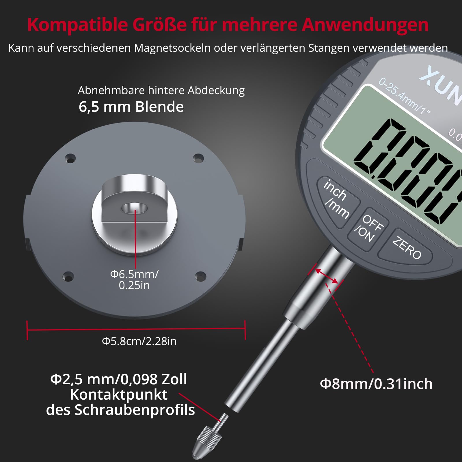 XUNTOP Digitaler Messuhr DTI Digital Dial Indicator 0,01/.0005'' Messbereich 0-25,4 mm (0-1'') für mechanische, industrielle & Laboranwendungen