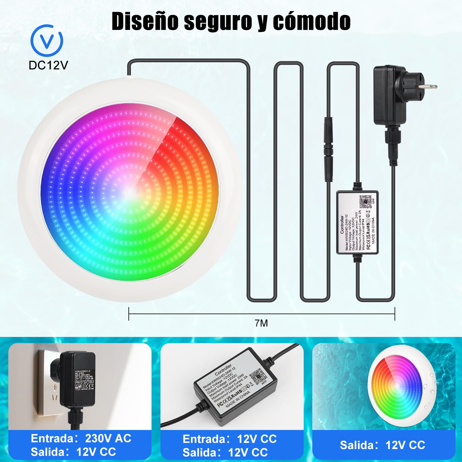 COOLWEST Luces Piscina Sumergible LED Magnética, 24W RGBW Focos Piscina Control de App/Remoto, IP68 Impermeable Focos Piscina para Piscine sobre Tierra Acero, Regulable, Temporizador, 12V, 7m Cable