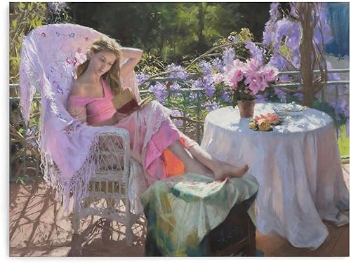 Miniatura 1 de Póster artístico en lienzo de Vicente Romero Redondo con una chica leyendo en el jardín, decoración de café, decoración de apartamento, impresiones