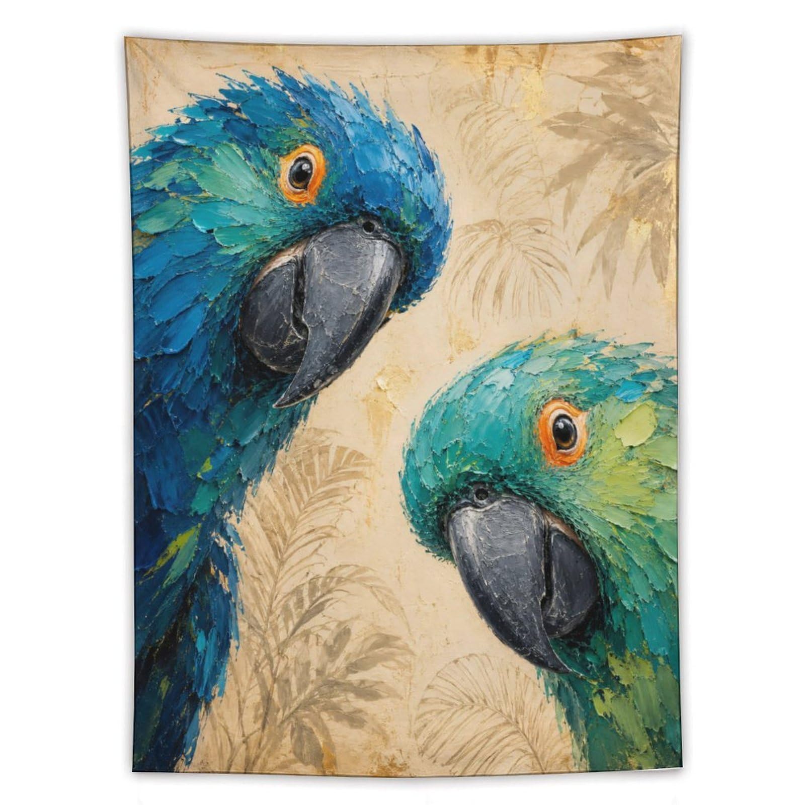 Tropical Blue Parrots Wall Tapestry, Detailed Illustration, Bedroom