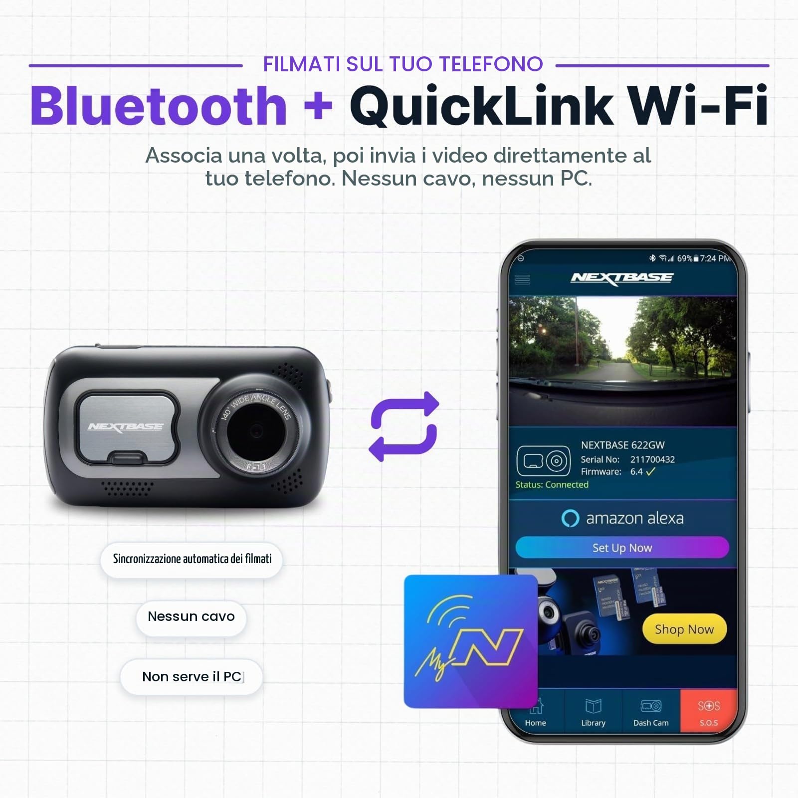 Nextbase® 522GW Dash cam Auto | Modalità di Parcheggio 24/7 | Dashcam Auto 2K 1080p 30fps | Schermo Tattile da 3" Telecamera | Camera con Angolo di Visione di 140° | Visione Notturna