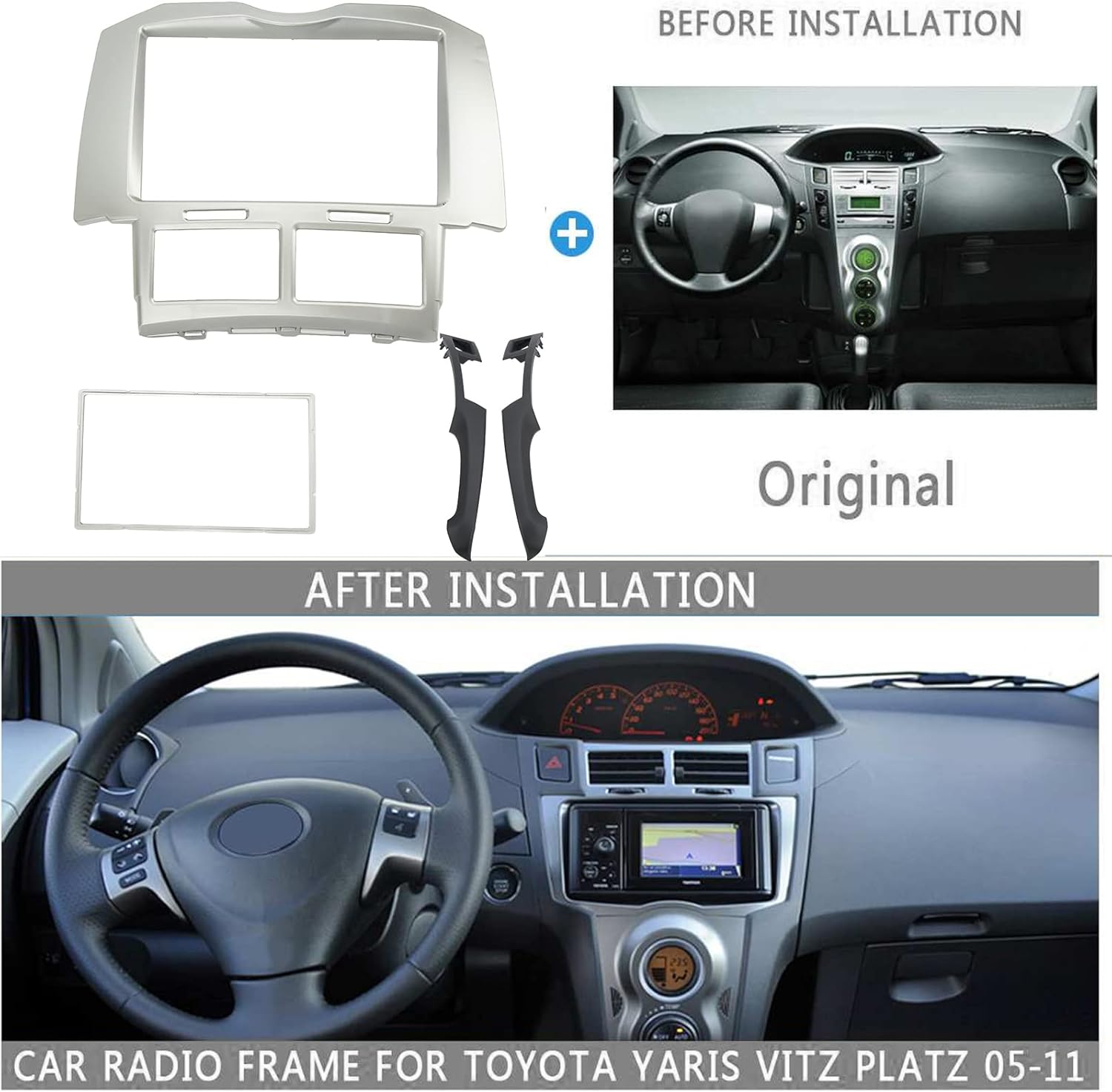 KIMISS Car Fascia, 2Din Stereo Dash Radio Frame Panel Replacement for Vitz 2005‑2011