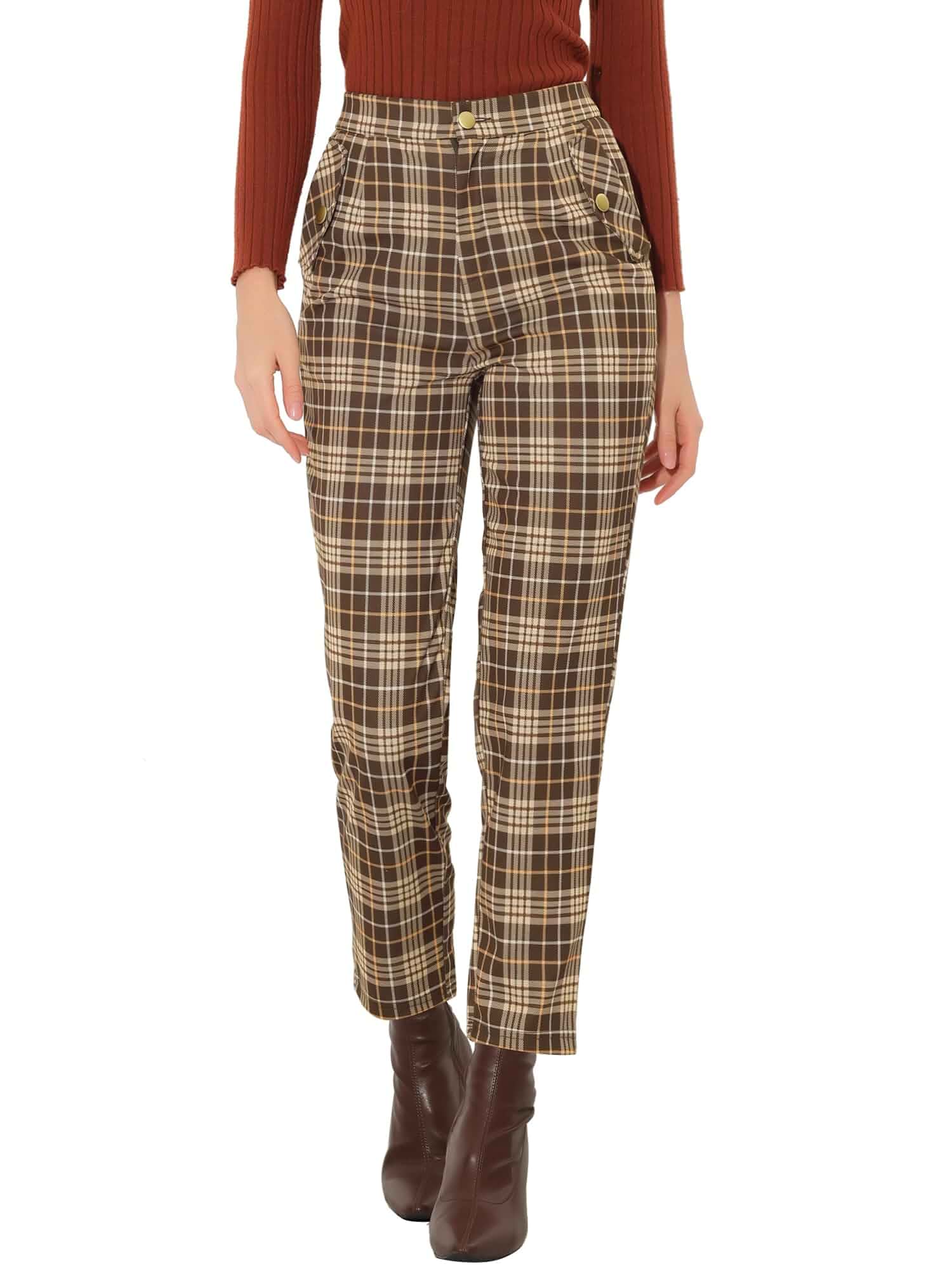 Allegra K Women's Vintage Tartan Plaid Pants Elastic Waist Straight Long Trousers