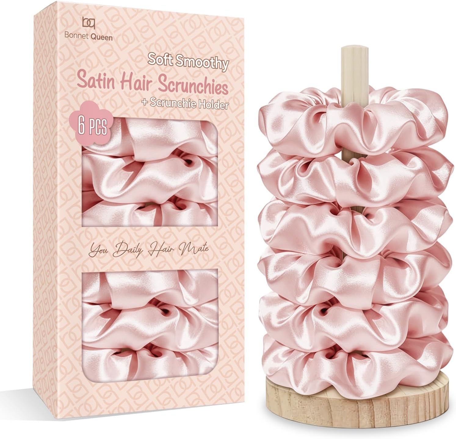 Satin Scrunchies for Women, No Crease Silk Hair Ties & Holder, Soft Silk Hair Scrunchies for Sleeping & Everyday Use Ponytail Holders, Gentle Headwear Hair Accessories 6 Pack, Cream Pink