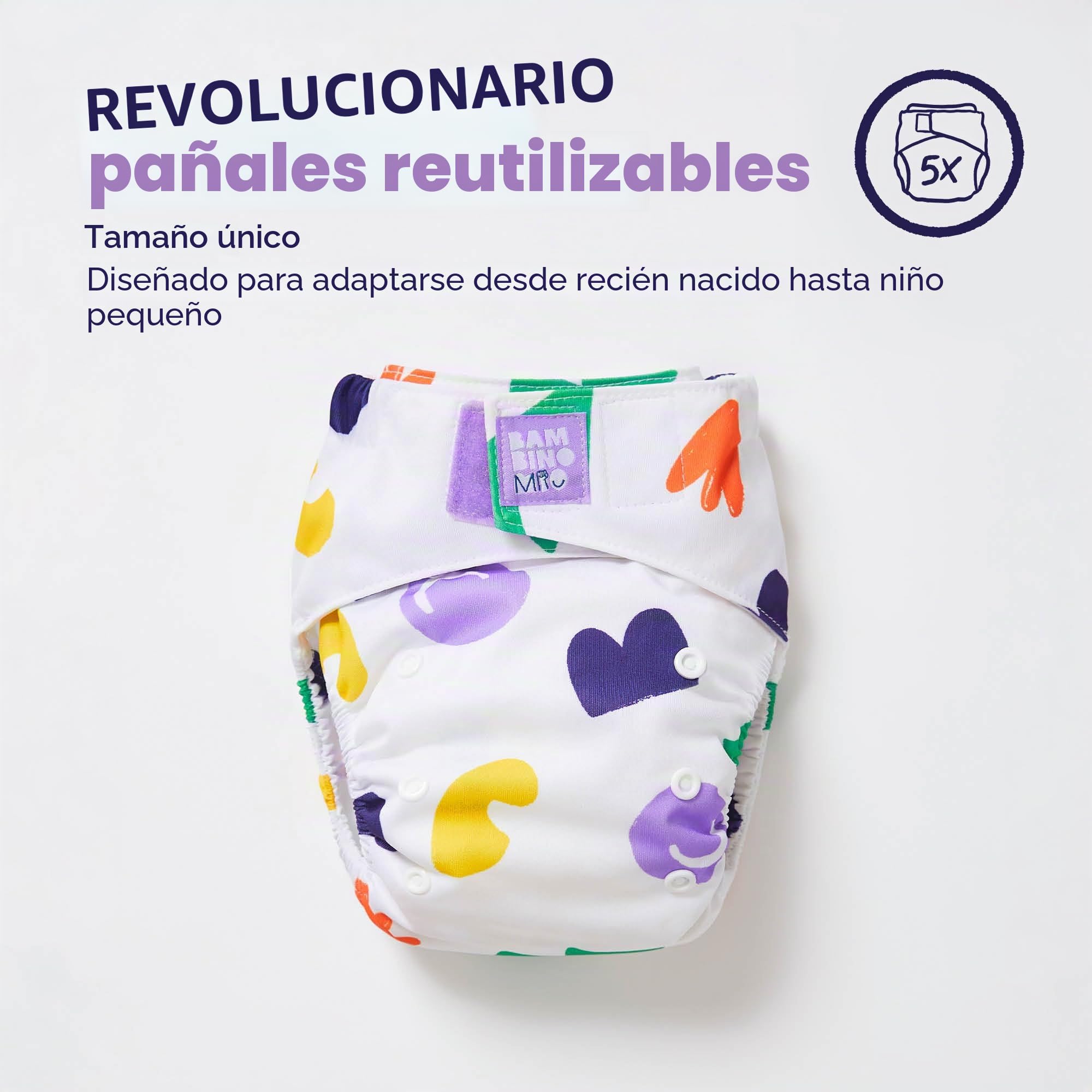 Bambino Mio, Pack de inicio de pañales de tela reutilizables: 5 pañales ajustables + 5 refuerzos de bambú y algodón + 1 rollo de 100 protectores desechables., Confianza