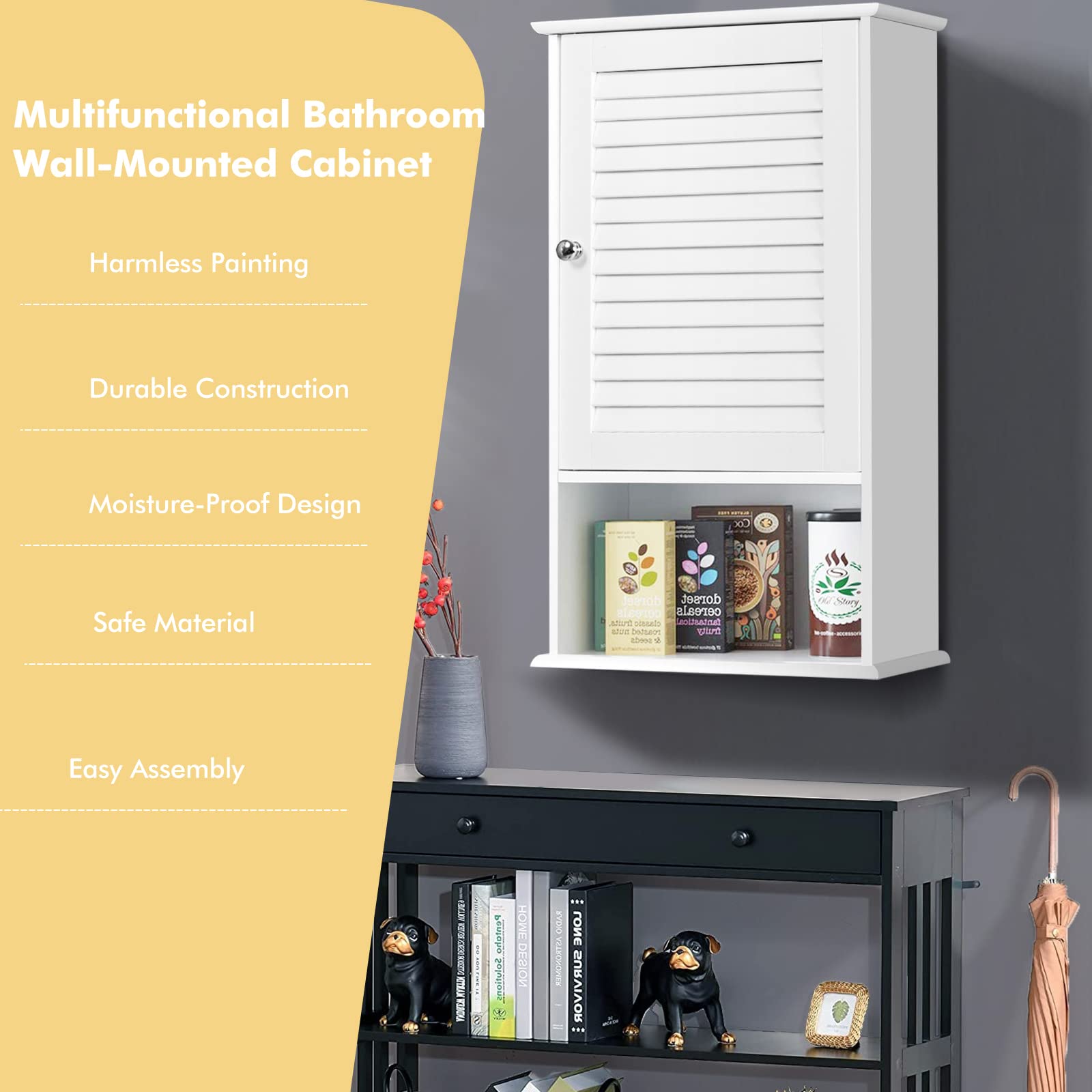 Rangement WC Gain Place Armoire Salle De Bain Avec Miroir LIFEZEAL - Meuble Suspendu MDF 66x16.5x62cm, Étagères Réglables Meuble Rangement Suspendu Toilette