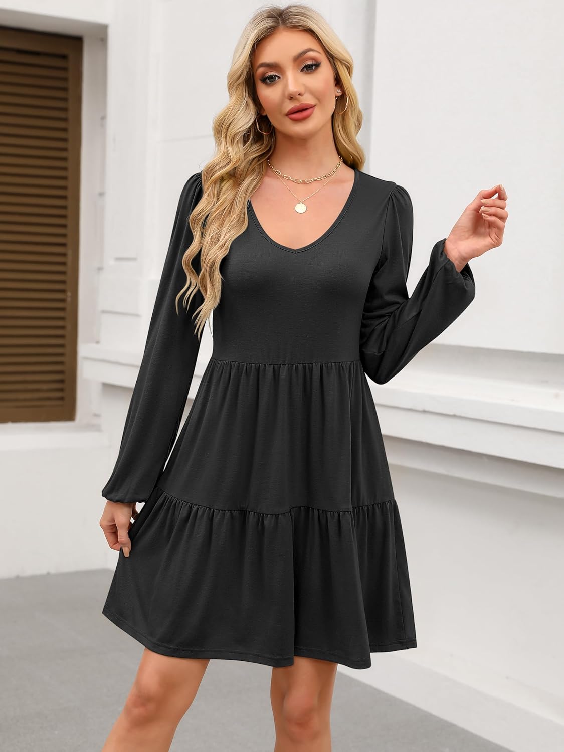 ANRABESS Womens Long Sleeve Dress 2026 Fall Casual V Neck Tiered Flowy Short Dresses Spring Beach Travel Vacation Clothes - Image 3