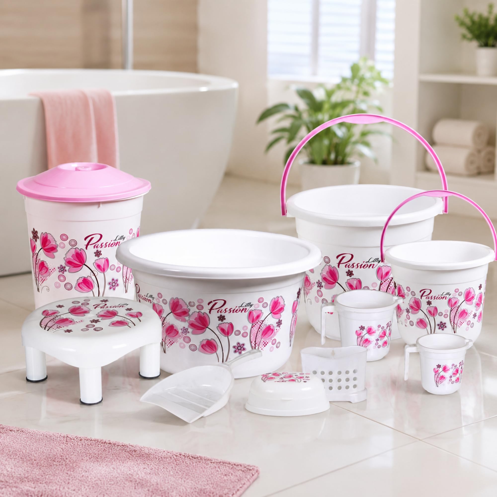 Bathroom Set with Large Capacity - 20 LTR & 7 LTR Bucket, 8 LTR 22 LTR Deep Tub, Mug 1.5 LTR & 1 LTR, and Clean Up Bin in Elegant White Pink (Queen) Floral Print.-image-0