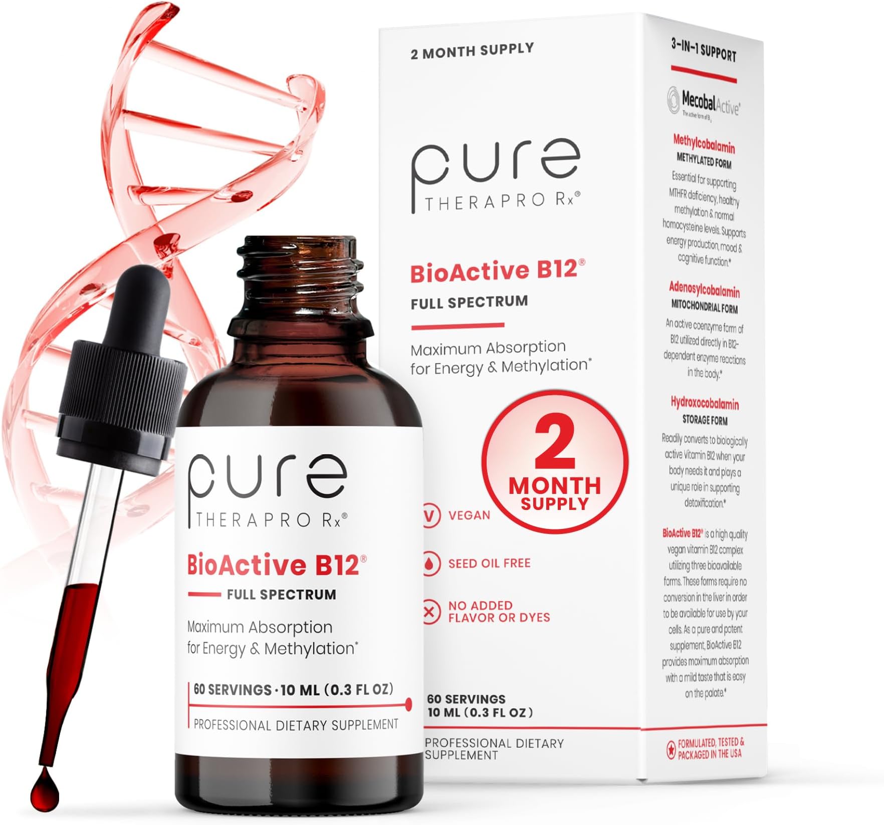Pure TheraPro BioActive Vegan Methylated Vitamin B12 Sublingual Liquid Methylcobalamin, Hydroxocobalamin & Adenosylcobalamin 1,000 mcg per Drop (5 Drops = 5,000mcg / 2 Month Supply) 10 ml