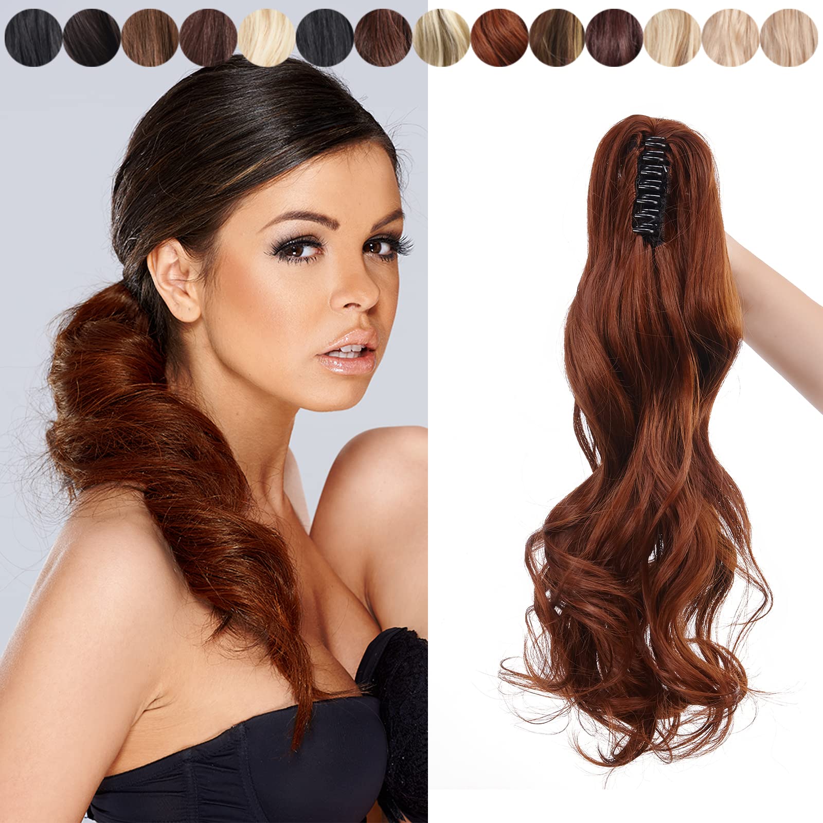 Elailite Coleta Postiza de Pelo Sintético con Clip Extensiones de Caballo Rizadas Ondulada Postizo Trenza 45cm # Castaño Cobre Claro