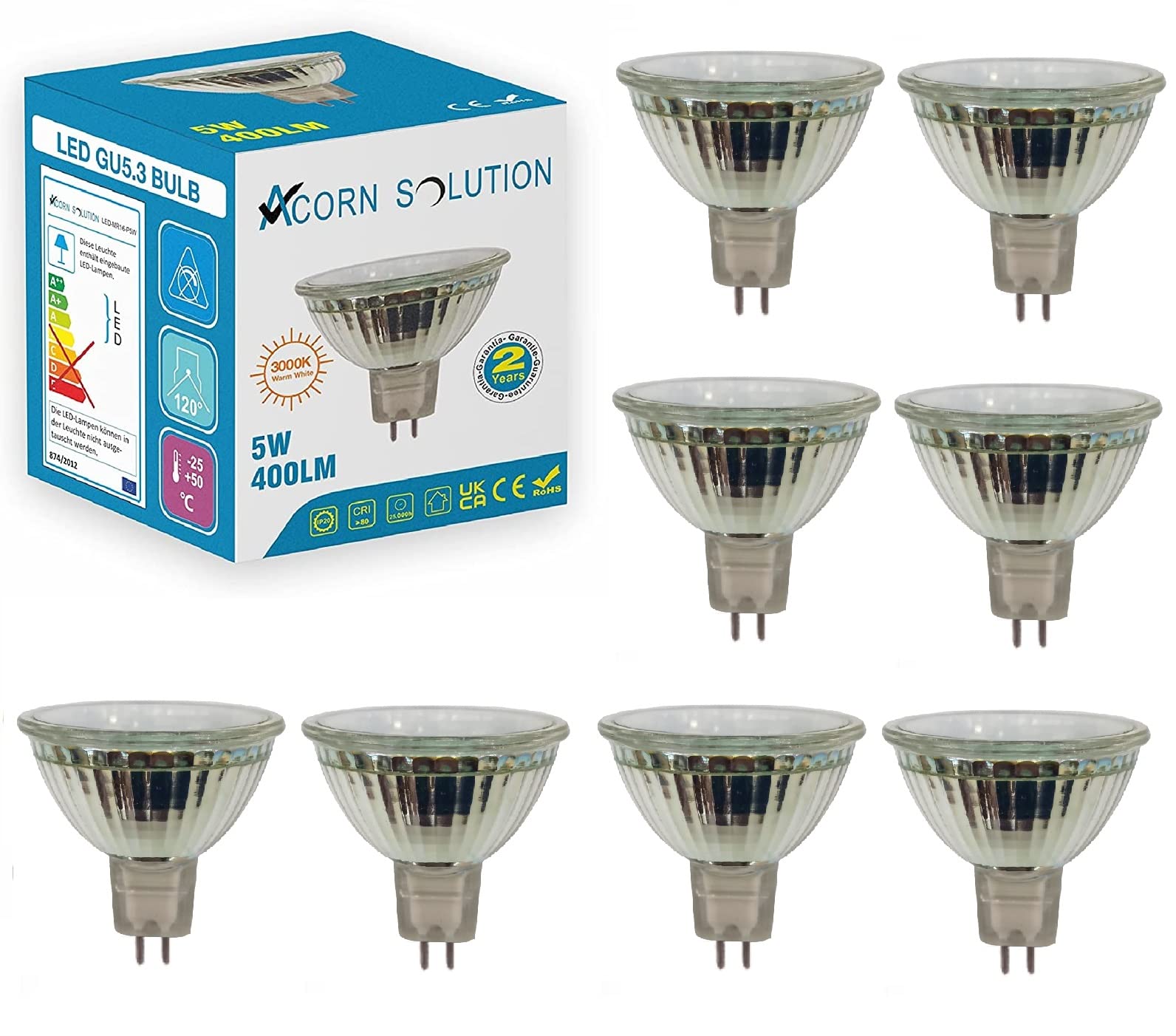 AcornSolutionMR16 GU5.3 8 LED Light Bulbs, 12V, Warm White 3000K 50W Equivalent Replacement 5W Spotlight with 400 Lumen and 120°Beam Angle(Pack - 8)
