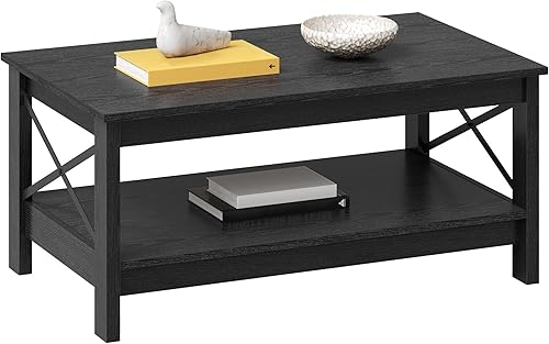 Miniatura 5 de YITAHOME Mesa auxiliar para sala de estar, moderna mesa de centro de granja con almacenamiento, mesa central de 2 niveles de madera, mesa de sala de