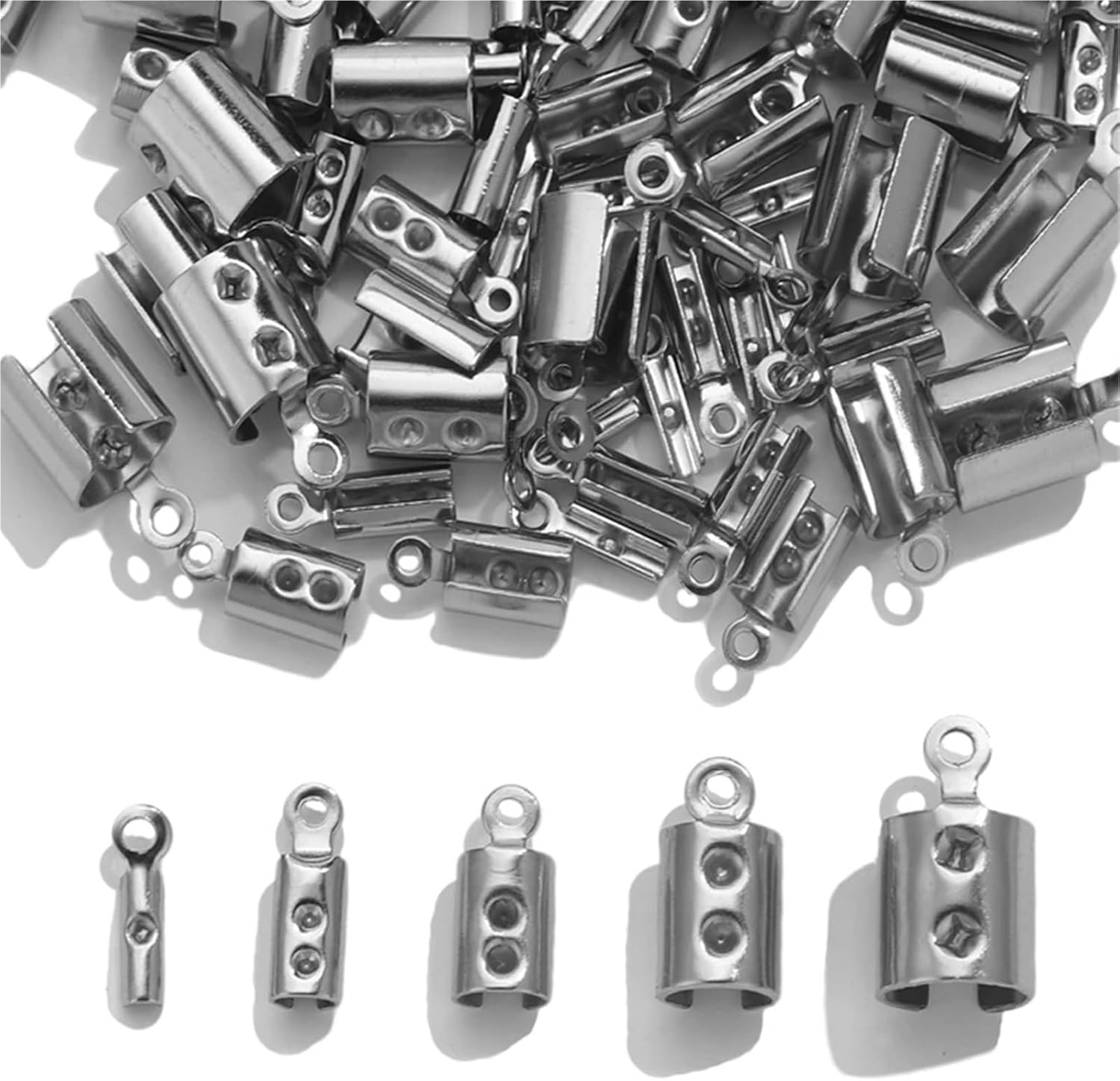 Fold Over Cord Ends 500PCS Stainless Steel Crimped End Bead Cap Clip Folding Connector for Necklace, Leather Rope Jewelry Making(Round 4mm)