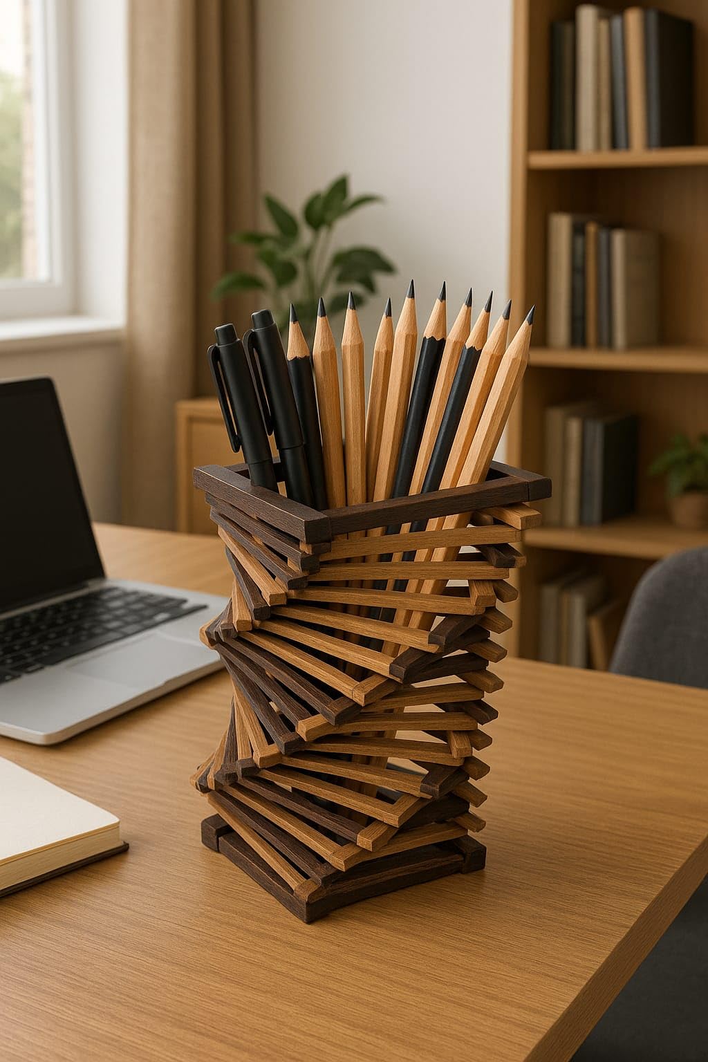 Eco-Friendly Bamboo Pen Stand – Handcrafted Desk Organizer for Office & Home – Sustainable Stationery Holder. Wooden Spiral Desk Organiser, Twisted Design Pen Pencil Holder, Dark Brown