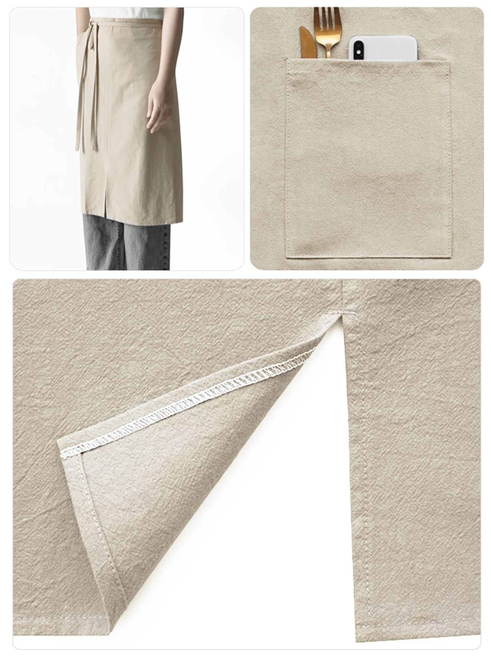 Halbschürze aus Baumwoll-Leinen für Damen und Herren Schlichte Verstellbare Lange Taillenschürze mit Taschen zum Kochen und Servieren