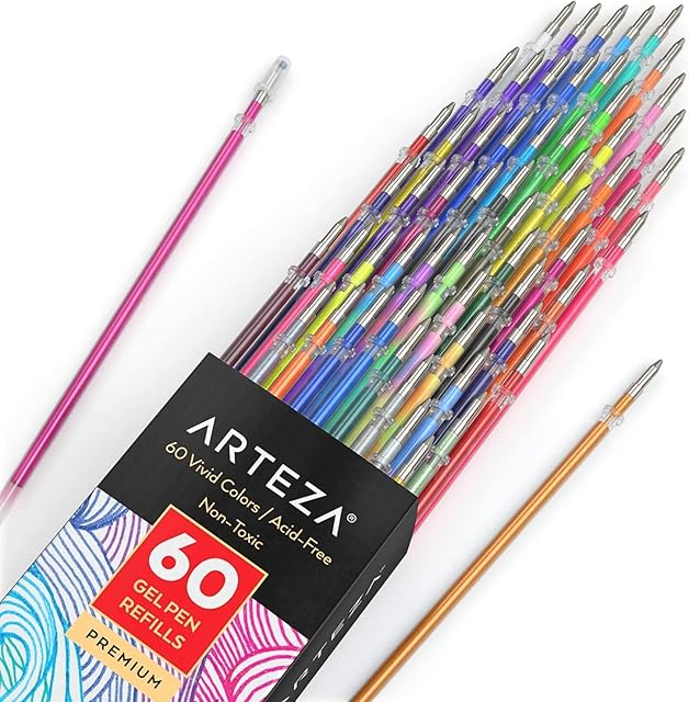 Arteza Gel Pens Ink Refills 60-Individual-Color-Bundle Acid-Free & Non-Toxic (0.8-1.0 mm Tips, Set of 60)