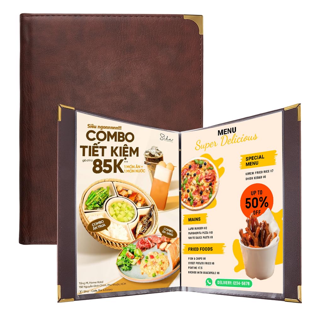 FINGERINSPIRE 2 Pièces Porte-menu en Cuir PU 317x250x23mm avec Coin Doré Marron Noix de Coco Couvertures de Menu de Restaurant 7 Pages Pochettes Transparentes Dossier de Présentation Professionnel