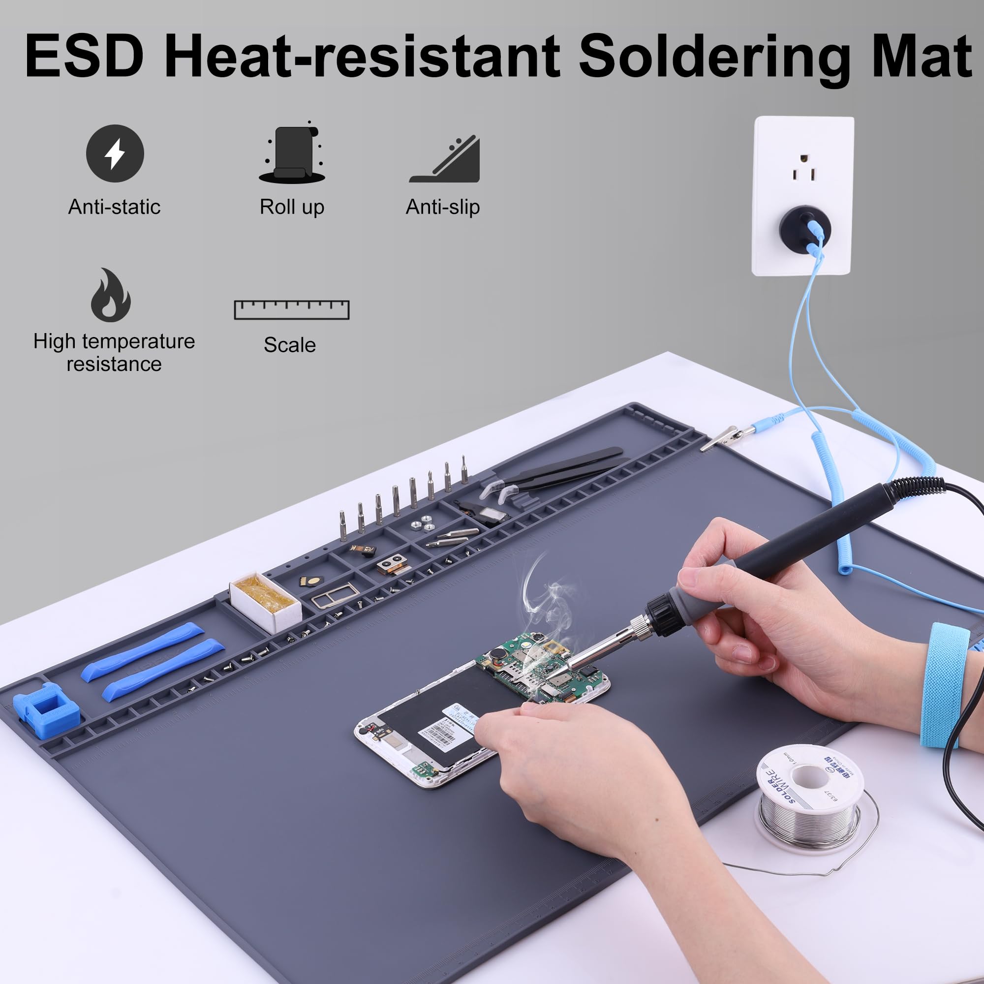 Tapete magnético antiestático resistente al calor de 500.0 °C, 20.7 x 13.4 pulgadas, con accesorios de conexión a tierra, tapete de trabajo electrónico seguro ESD para reparación de computadoras,