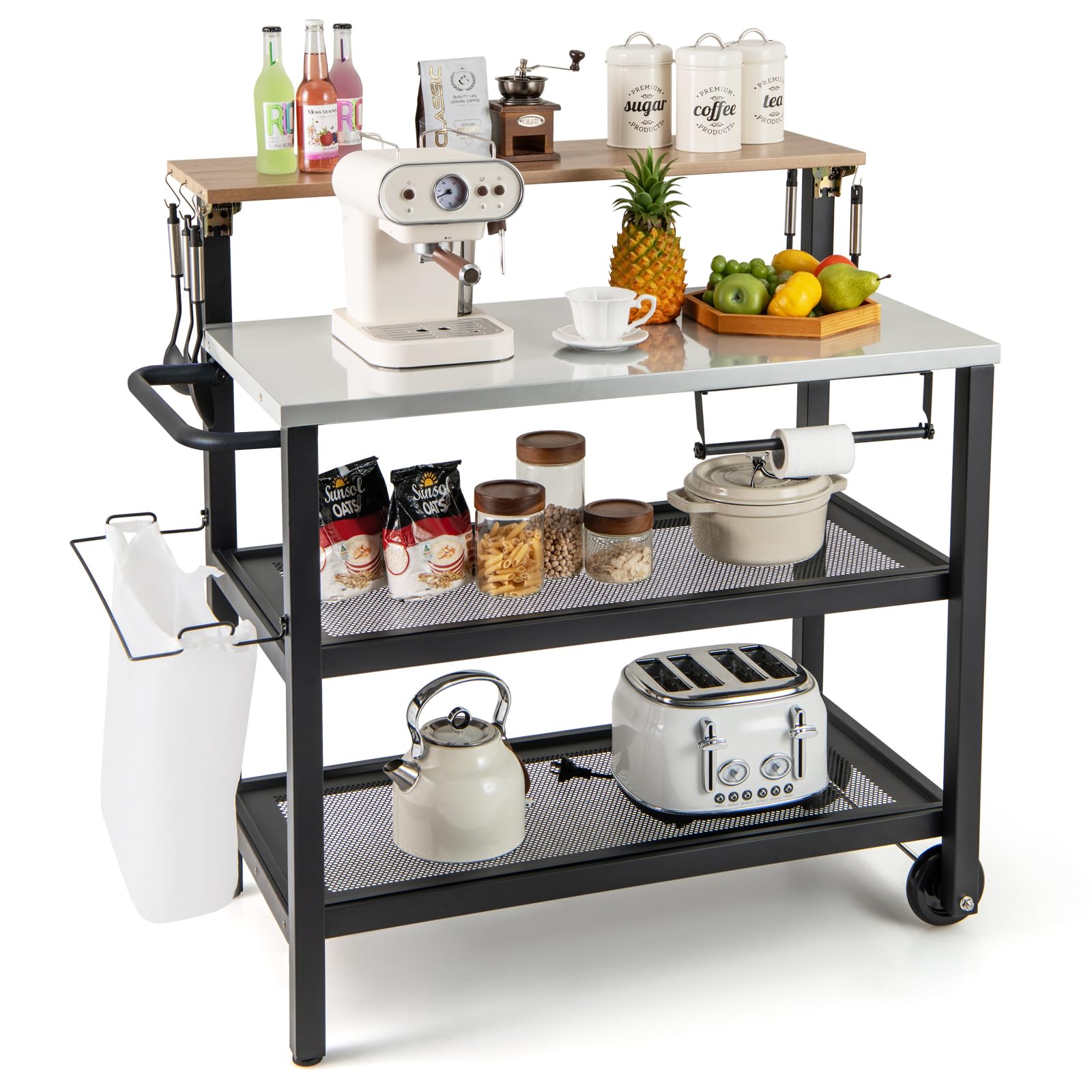 COSTWAY Carrito de Barbacoa de 3 Niveles, Mesa de Barbacoa con Estante y Asa Plegable, Ganchos, Soporte para Toallas de Papel y Bolsas de Basura, Carrito de Servicio, 116 x 55 x 130 cm