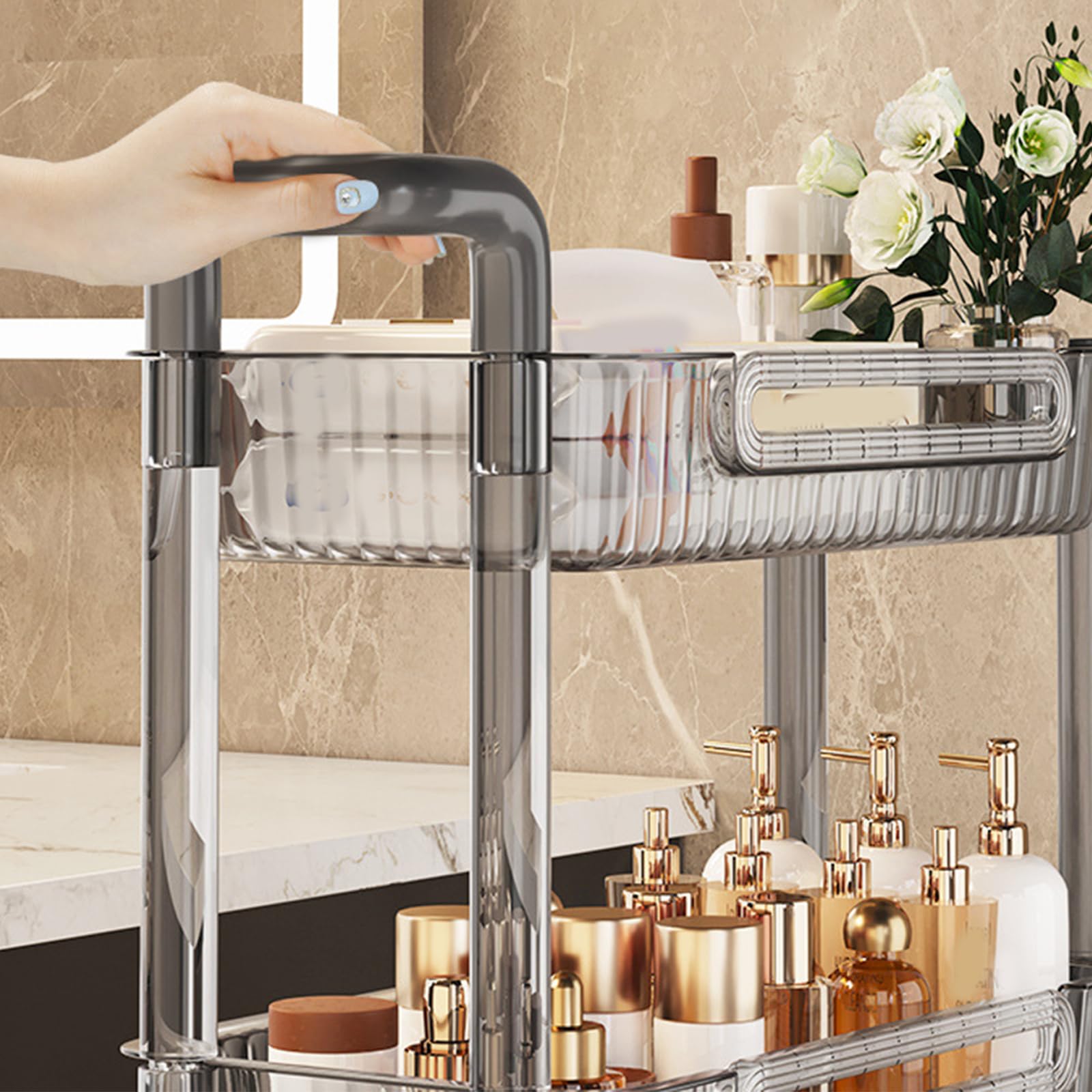 Carrello Portaoggetti Sottile, Carrello Multiuso in Acrilico per Bagno da Cucina con Scaffalatura Mobile Multifunzione con Maniglia,Grigio,3 Tier
