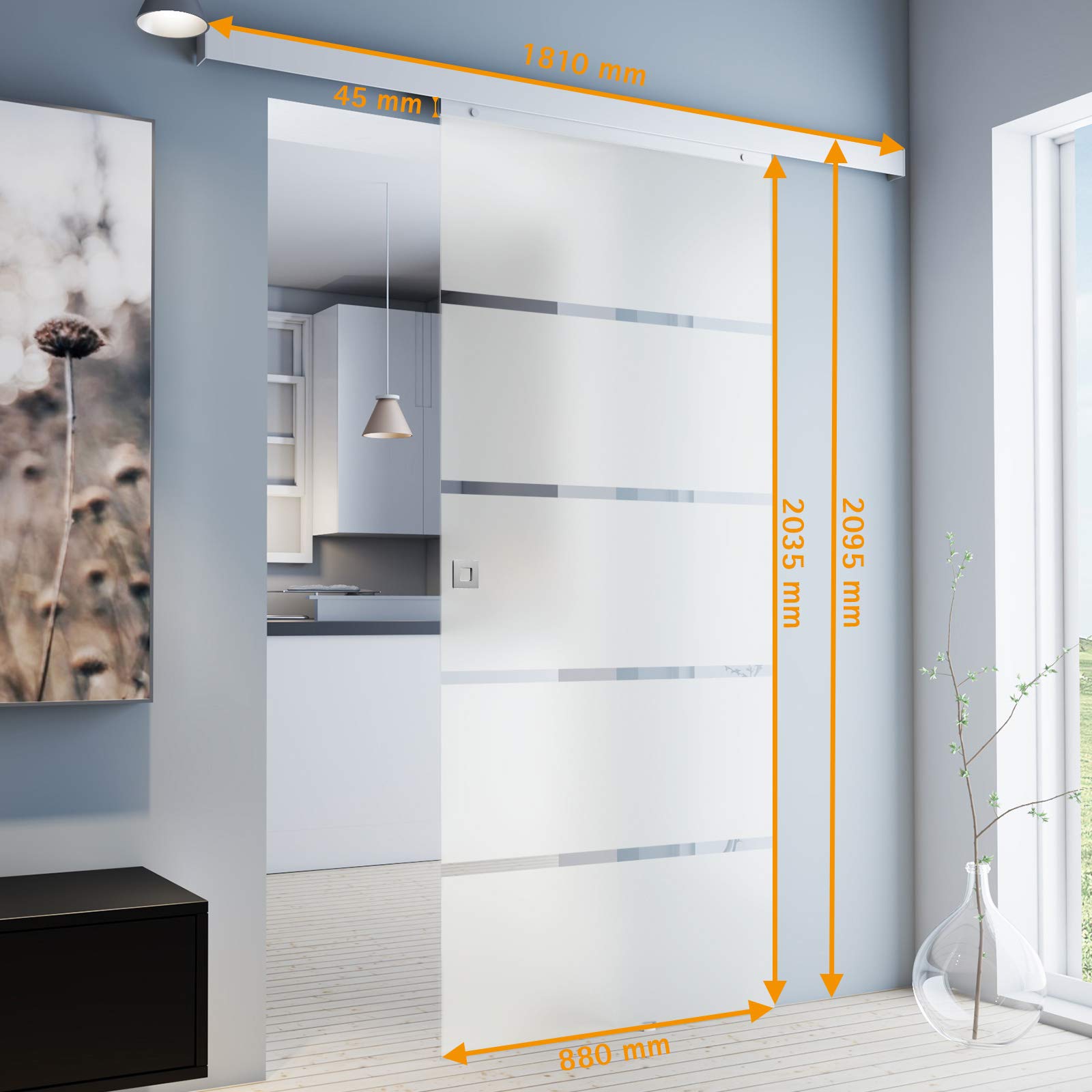 inova Glasschiebetür Komplettset 880x2035 mm Blockstreifen inkl. beidseitiger Softclose mit Alu Beschlagset Laufschiene und Griffe
