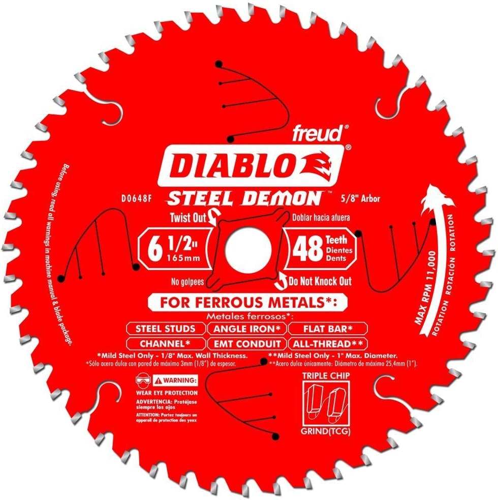 Diablo Steel Demon Cermet II Saw Blade for Metals and Stainless Steel - 6-1/2" Diameter, 48 TCG Teeth, 5/8" Arbor, .061" Kerf, 0° Hook Angle, 5800 Max RPM - D0648CFX
