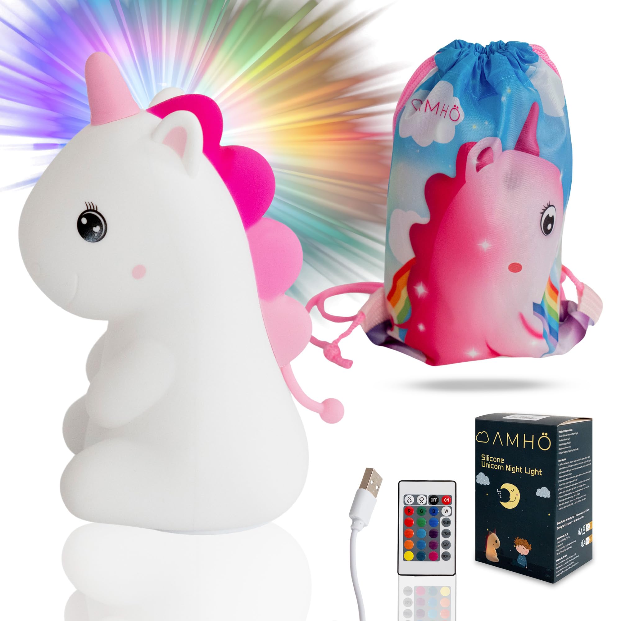 AMHÖ Luz Nocturna Bebe Unicornio con Regalo Bolsa Luz Nocturna Infantil Luz Quitamiedos Infantil Lampara Bebe Noche Lampara Infantil Luz Bebe Nocturna luz de Noche Bebe Night light luz bebe
