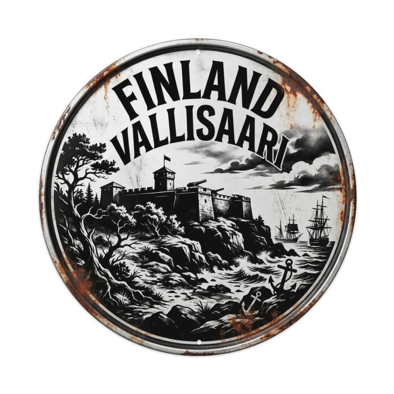 Vallisaari Fortress Finnish Monochrome Old Town Travel Metal Tin Sign