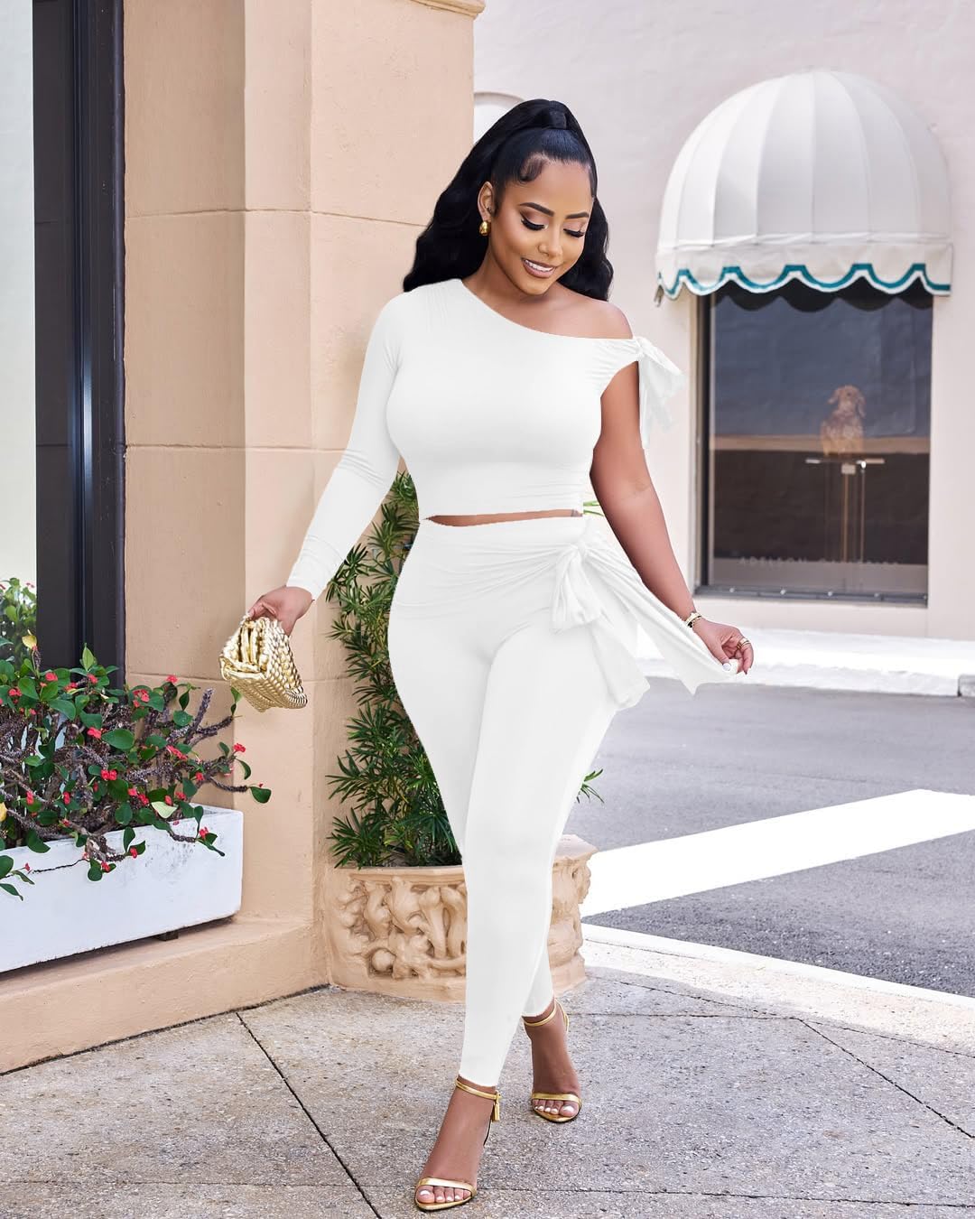 Vssjavun Women 2 Piece Outfits Sexy One Off Shoulder Long Sleeve Tops Skinny Long Pants Sets - Image 4