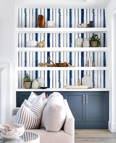 Miniatura 8 de Timeet Papel tapiz azul y blanco para despegar y pegar, 17.3 x 393.7 pulgadas, papel de contacto con rayas geométricas, autoadhesivo, extraíble,