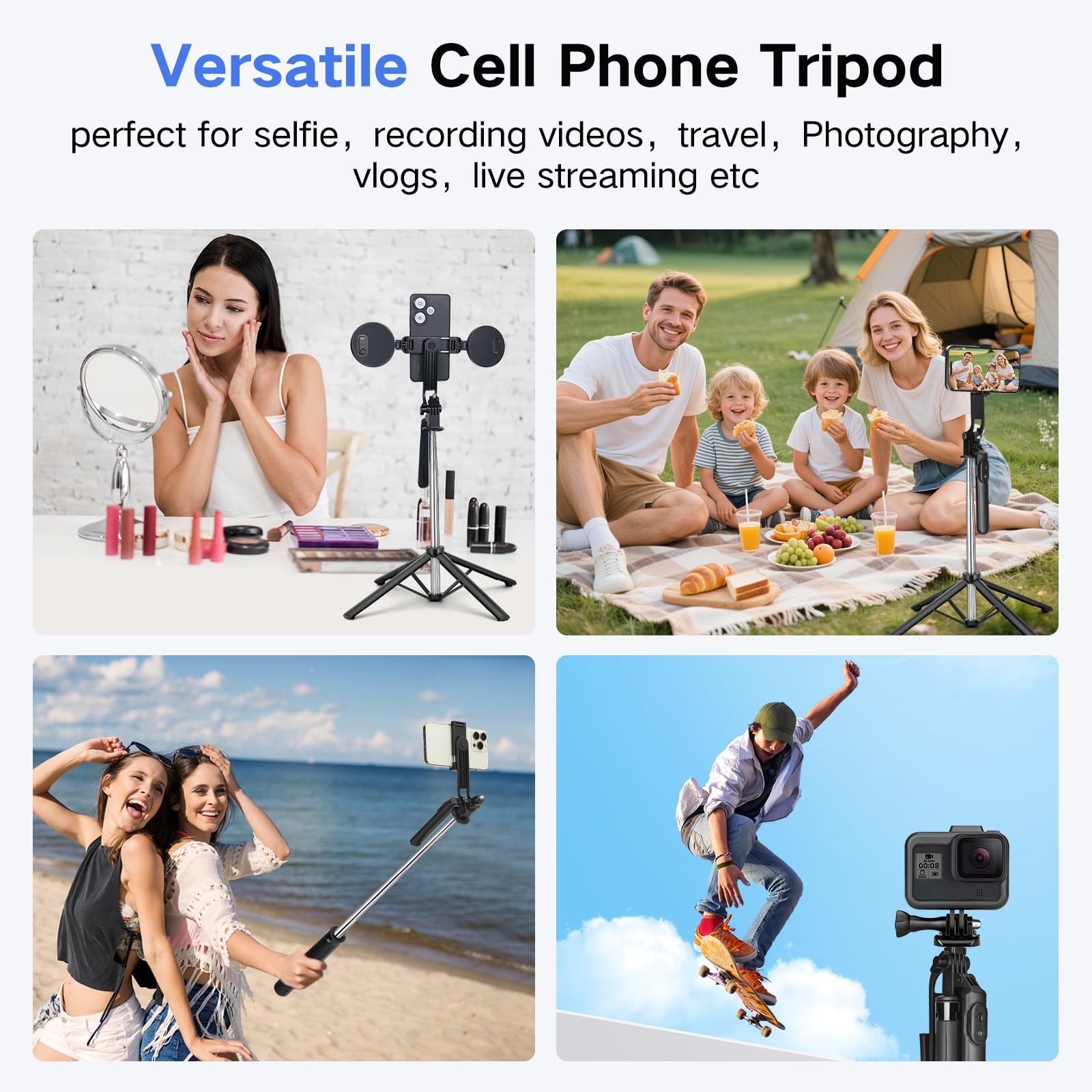 Trépied selfie stick avec 2 lumières de remplissage, en métal avec télécommande amovible, 180 cm trépied pour smartphone compatible avec iPhone & Android Smartphone