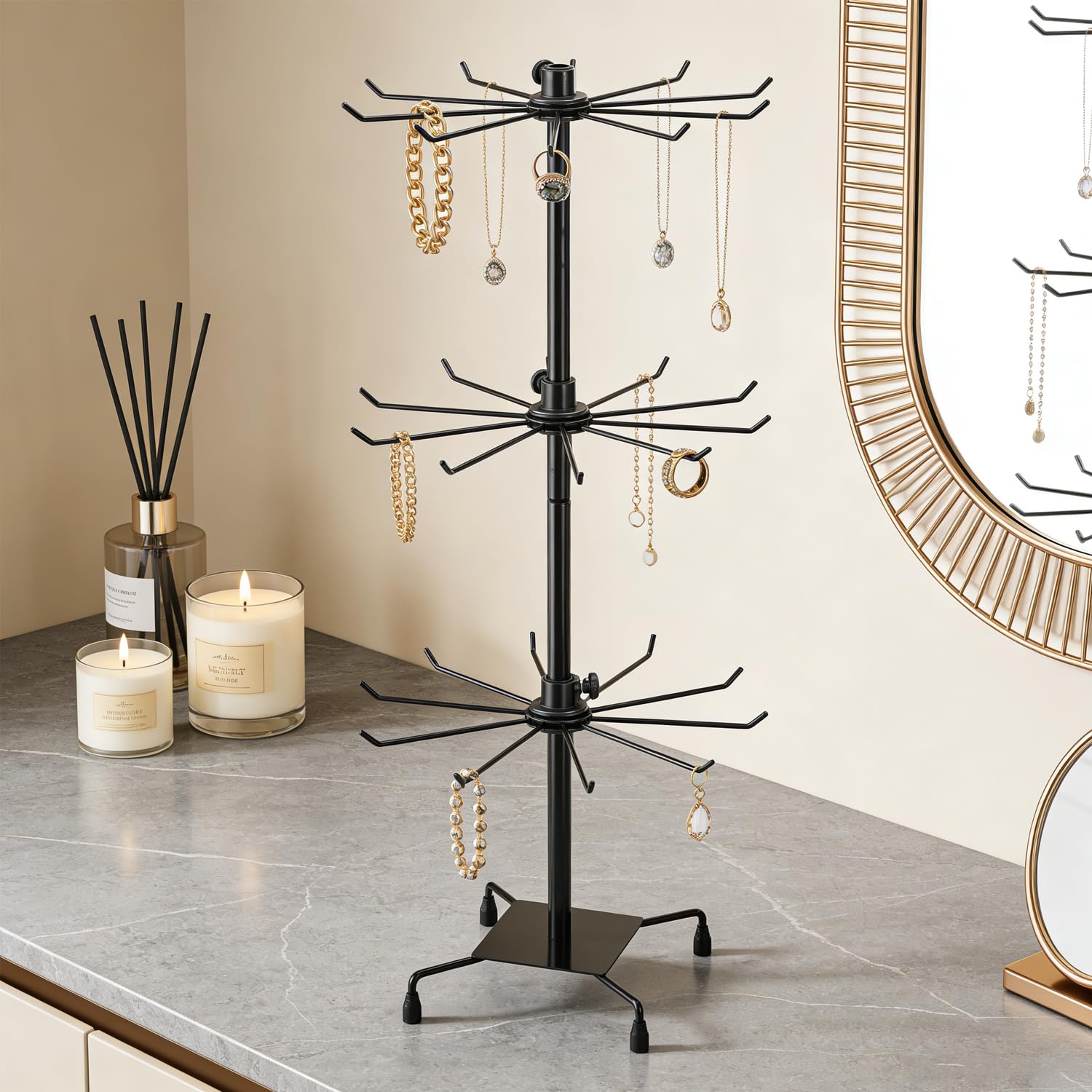 2 Pezzi Espositore Gioielli Girevole a 3 Livelli, Supporto Appendibile in Metallo Nero Rinforzato, Altezza Regolabile fino a 72 cm, per Collane, Portachiavi, Orecchini, Sciarpe, Maschere