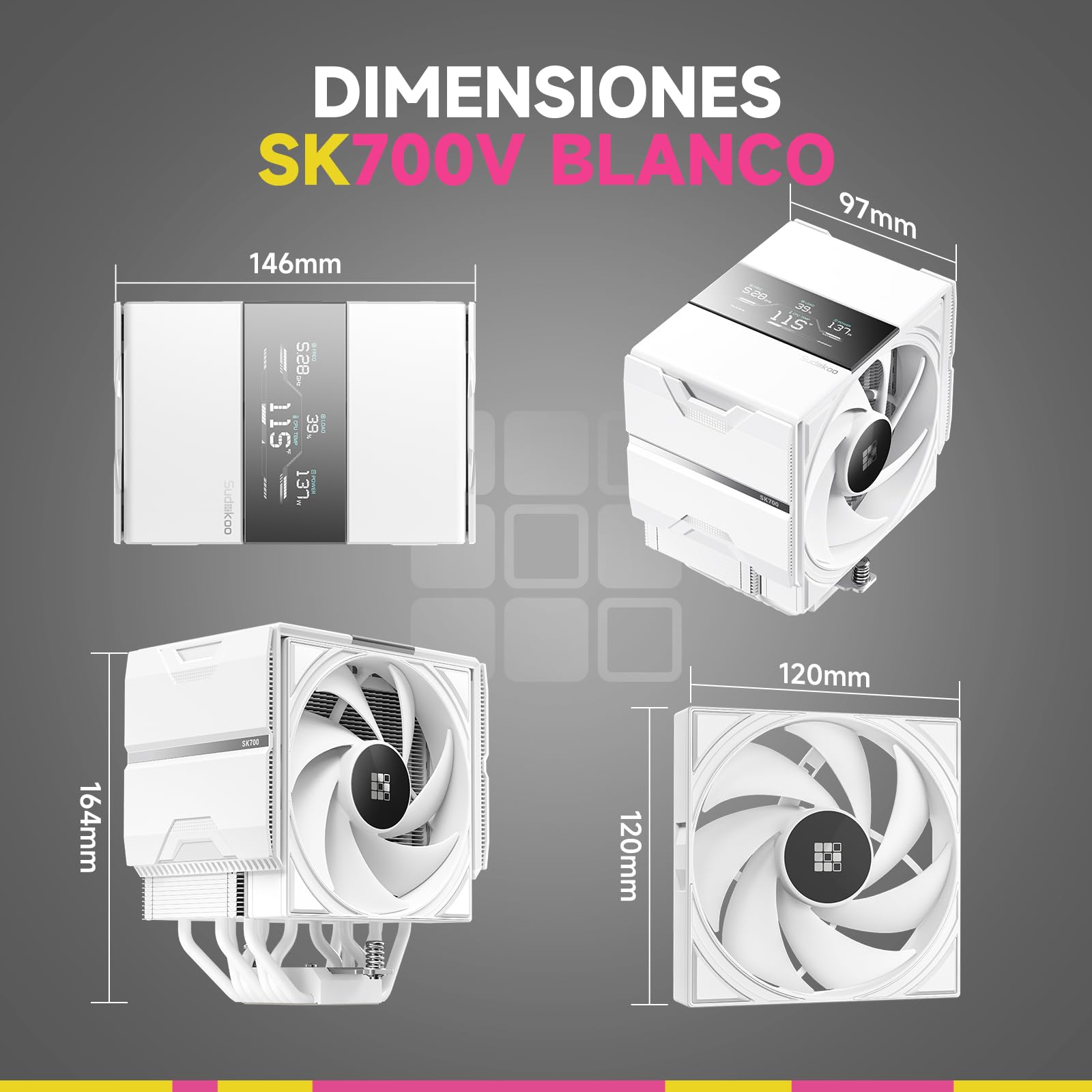 Sudokoo SK700V Blanco Disipador CPU AM5 : CPU Cooler con Pantalla Digital Exclusivo para AM5 - Ventilador CPU 120mm con 7 HeatPipes y Libertad RAM Total, 5 Años de Garantía, Blanco