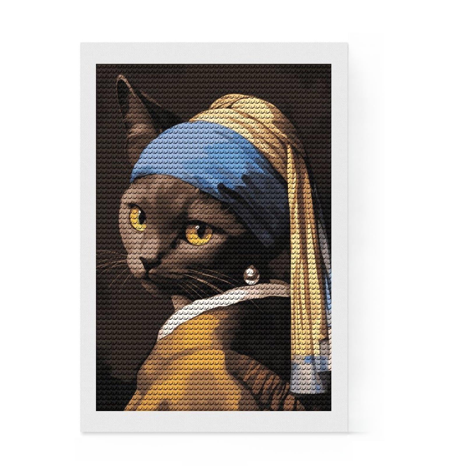 Junmoney Black Cat with A Pearl Diamond Art Canvas 8"x12", for Beginners, Printed Canvas, Farmhouse Decor, Birthday Gift, Relaxing DIY Hobby