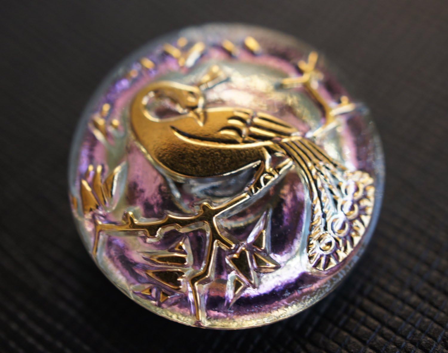 Hand Made Art Czech Glass Button Peacock Crystal Pink-Gold, Size 10, 0.89 inch (22.5mm) - 1pc