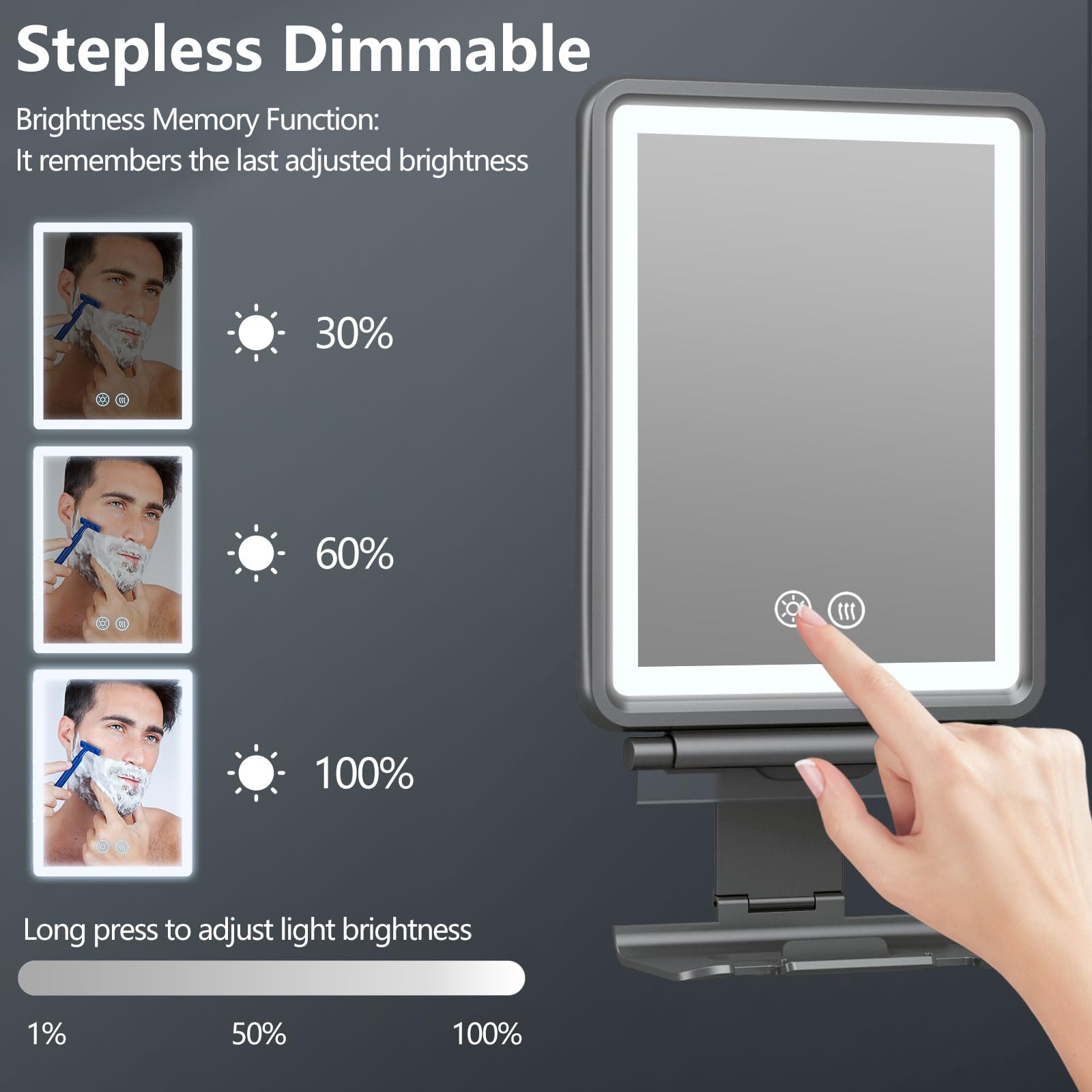 Shinowa Specchio da Doccia Riscaldato Senza Nebbia per la Rasatura, Grigio | 3 Colori Stepless Dimmable Luci, Specchio da Barba Ricaricabile Anti Nebbia per la Doccia con Porta Rasoio per Uomini